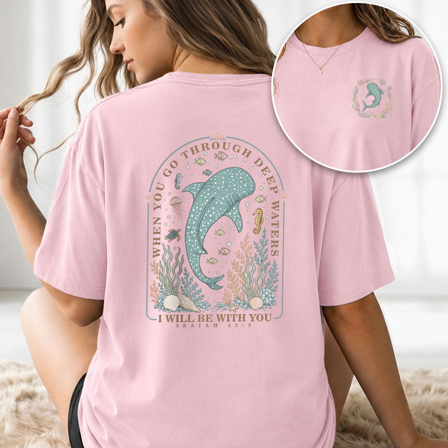 When You Go Through Deep Waters T-Shirt Women Coastal Whale Shark Isaiah 43 2 Christian