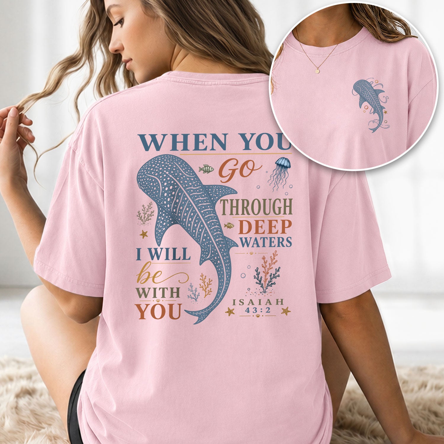 Deep Waters T-Shirt Women Colorful Typography Whale Shark Graphic Tee Isaiah 43 2 Faith