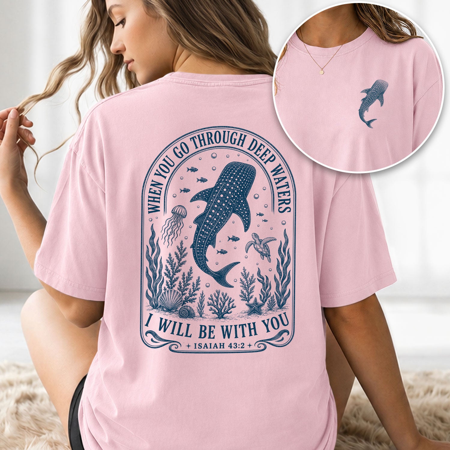 When You Go Through Deep Waters T-Shirt Isaiah 43 2 Whale Shark Christian Bible Verse