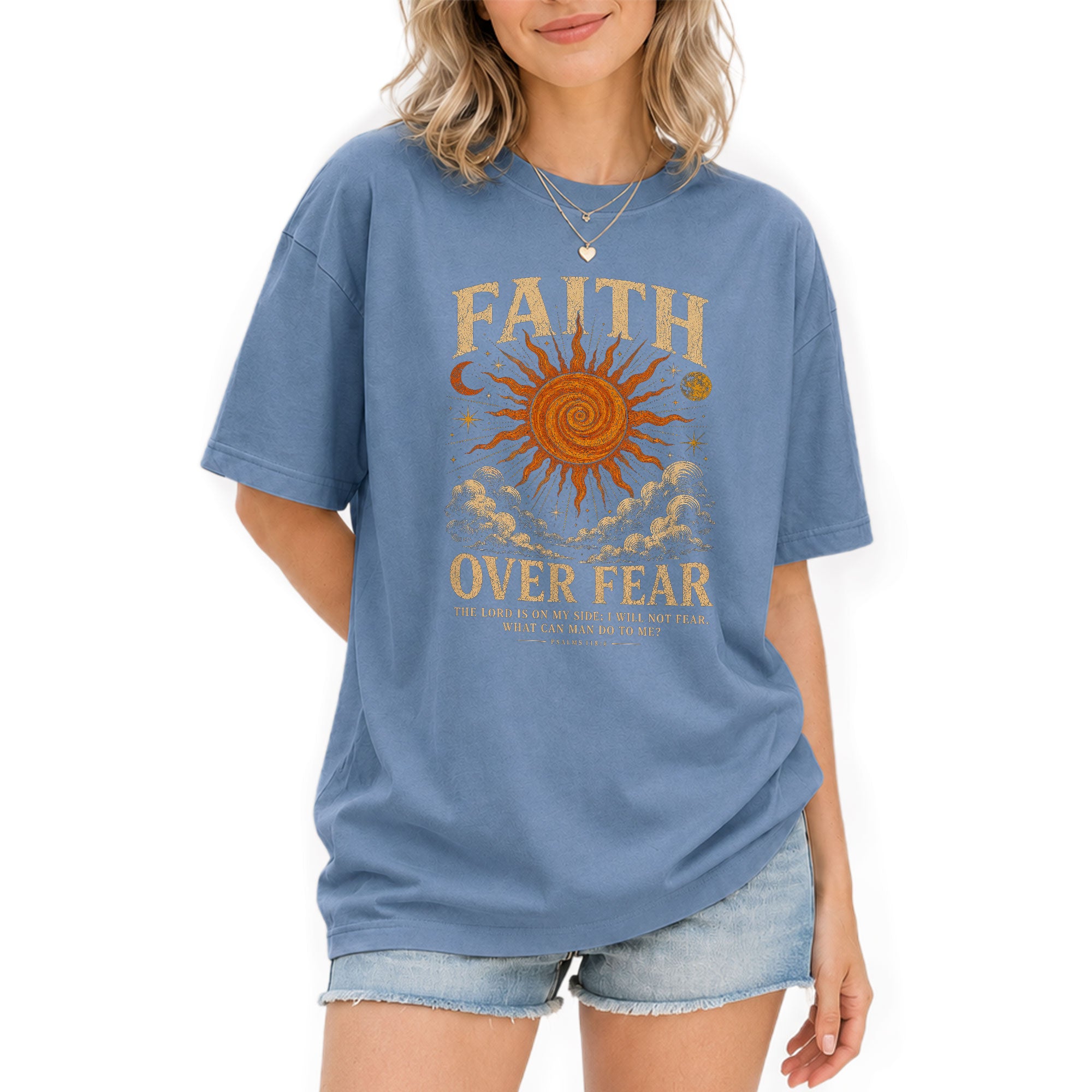 Faith Over Fear T Shirt Christian Women Sun Moon Clouds Psalm 118 6 Religious Tee - Rust Field Wear