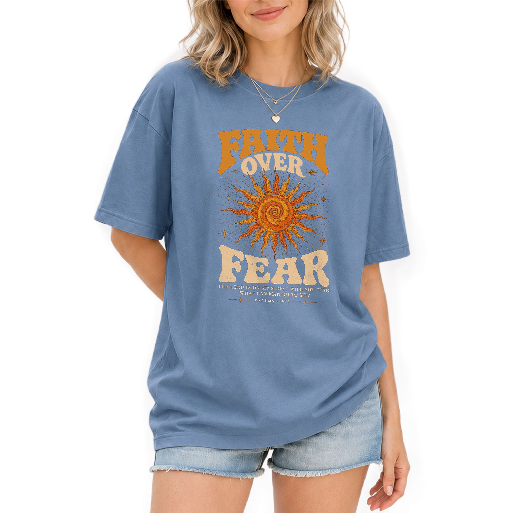 Faith Over Fear T Shirt Christian Women Retro Sun Stars Psalm 118 6 Religious Tee - Rust Field Wear