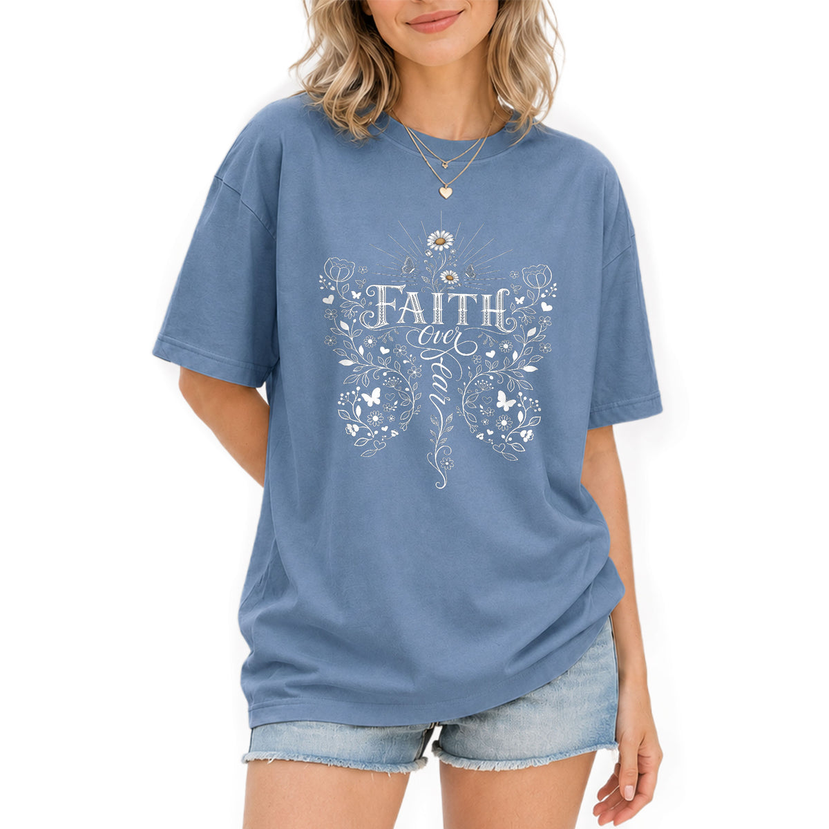 Faith Over Fear Butterfly Floral Christian Graphic Casual Crewneck Tee Shirt Women - Rust Field Wear