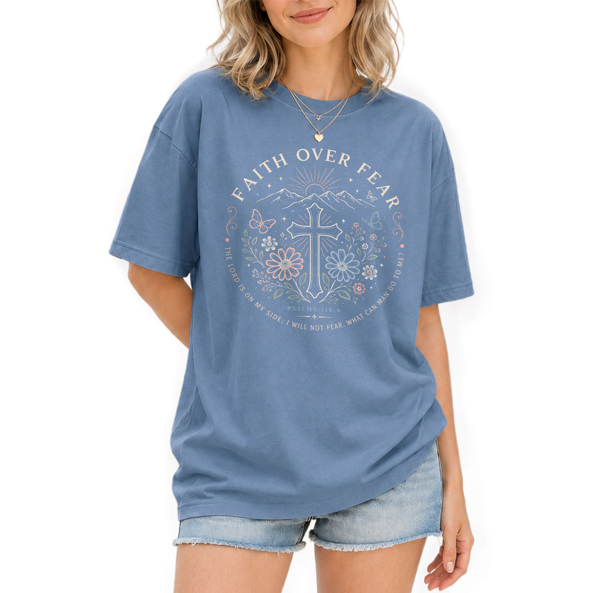 Devout Christian Faith Over Fear Cross Aesthetic Women Graphic Tee Shirt Vintage - Rust Field Wear