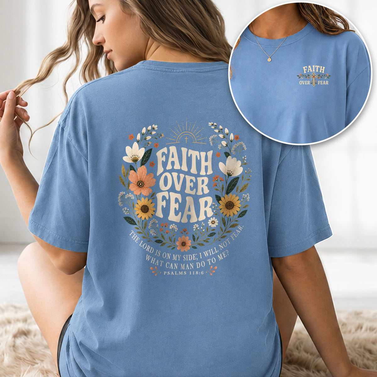 Pious Christian Faith Over Fear Floral Aesthetic Women Graphic Tee Shirt Vintage Cotton - Rust Field Wear
