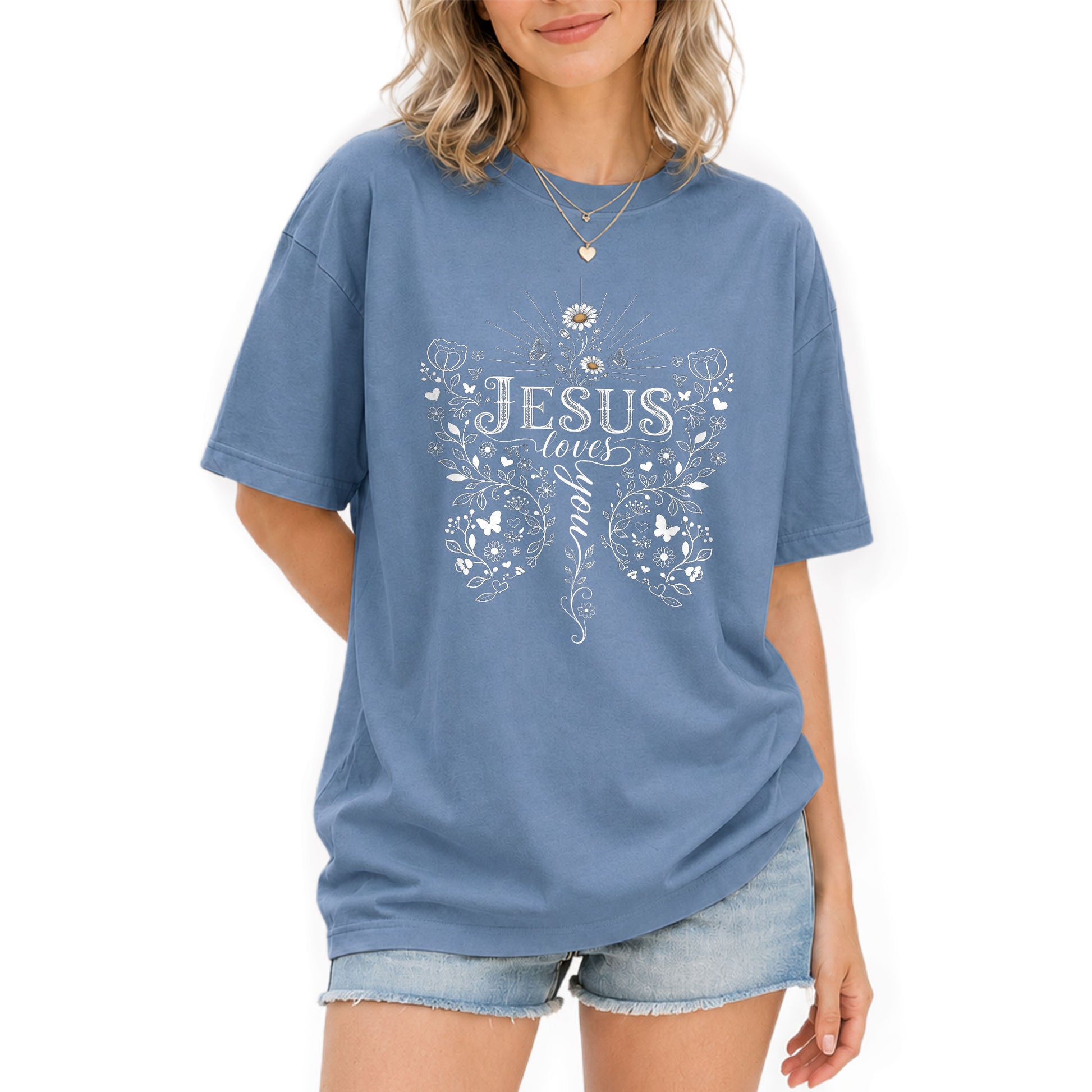 Jesus Loves You Butterfly Floral Christian Graphic Tee Shirt For Women Everyday Wear - Rust Field Wear