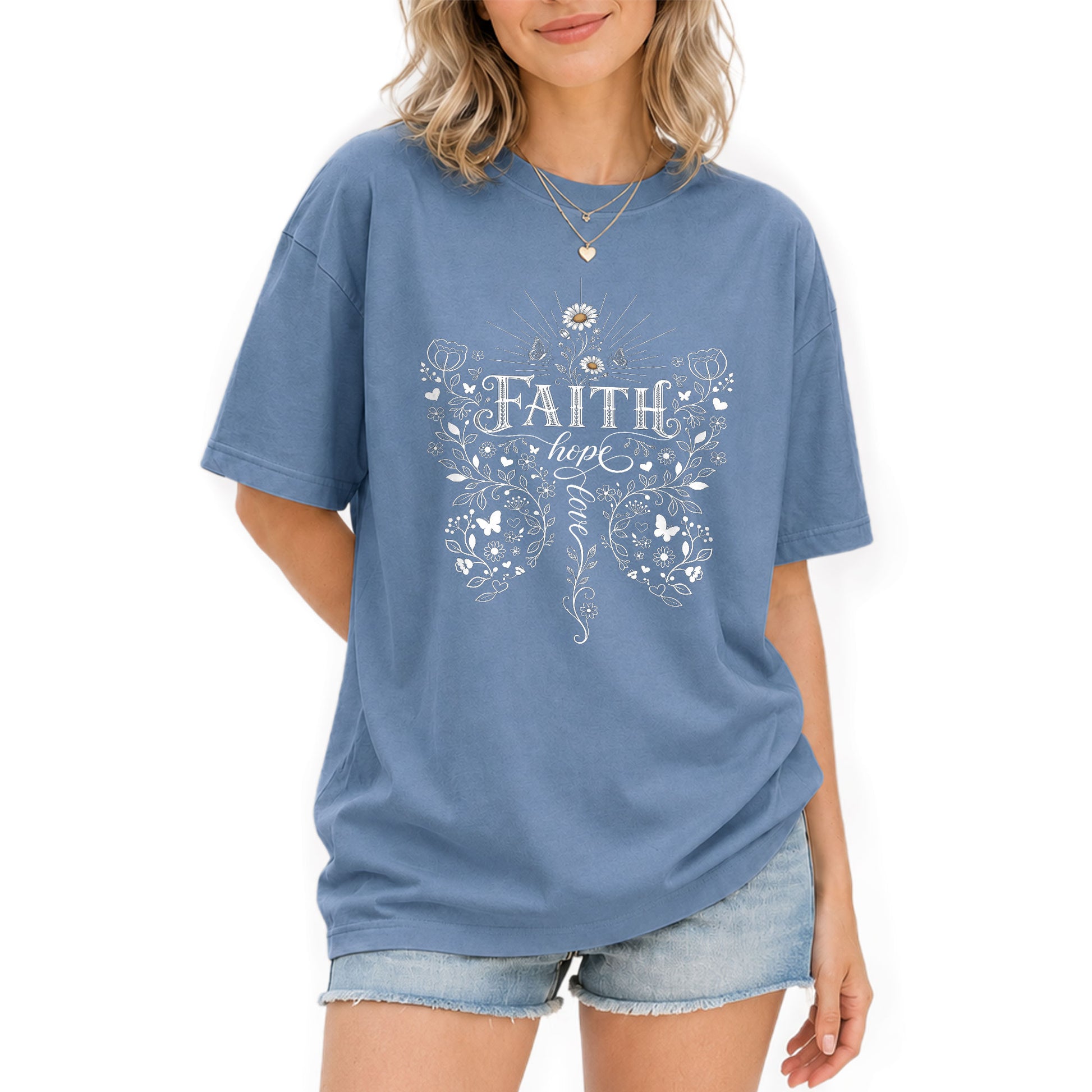 Faith Hope Love Butterfly Floral Christian Graphic Tee Shirt For Women Everyday Wear - Rust Field Wear