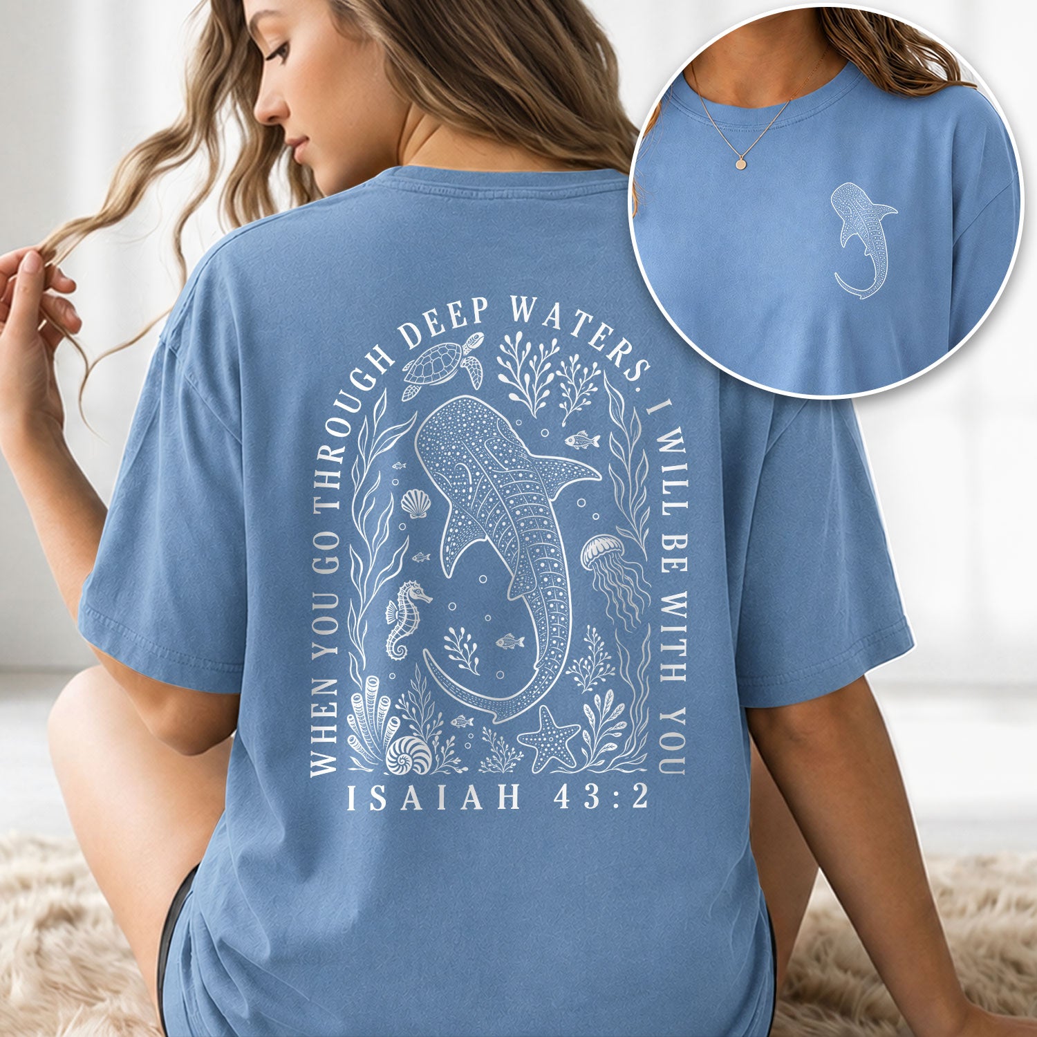 Christian Whale Shark T-Shirt When You Go Through Deep Waters Tee Isaiah 43 2 Faith Apparel