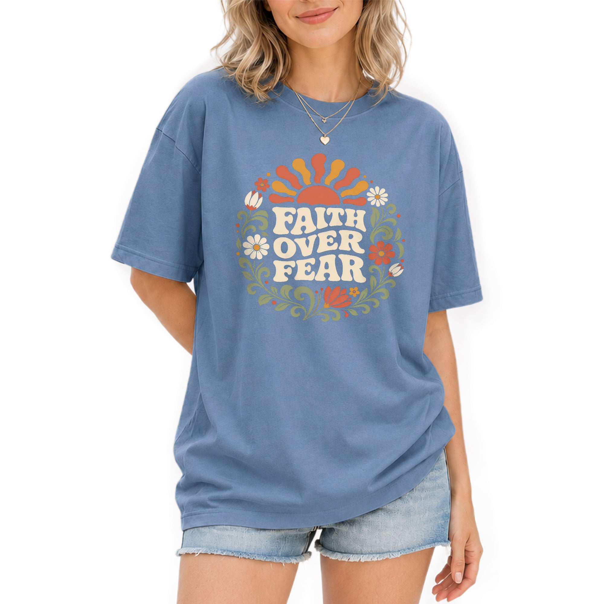 Faith Over Fear Retro Floral Sun Blue Christian Tee For Women Daily Graphic Apparel