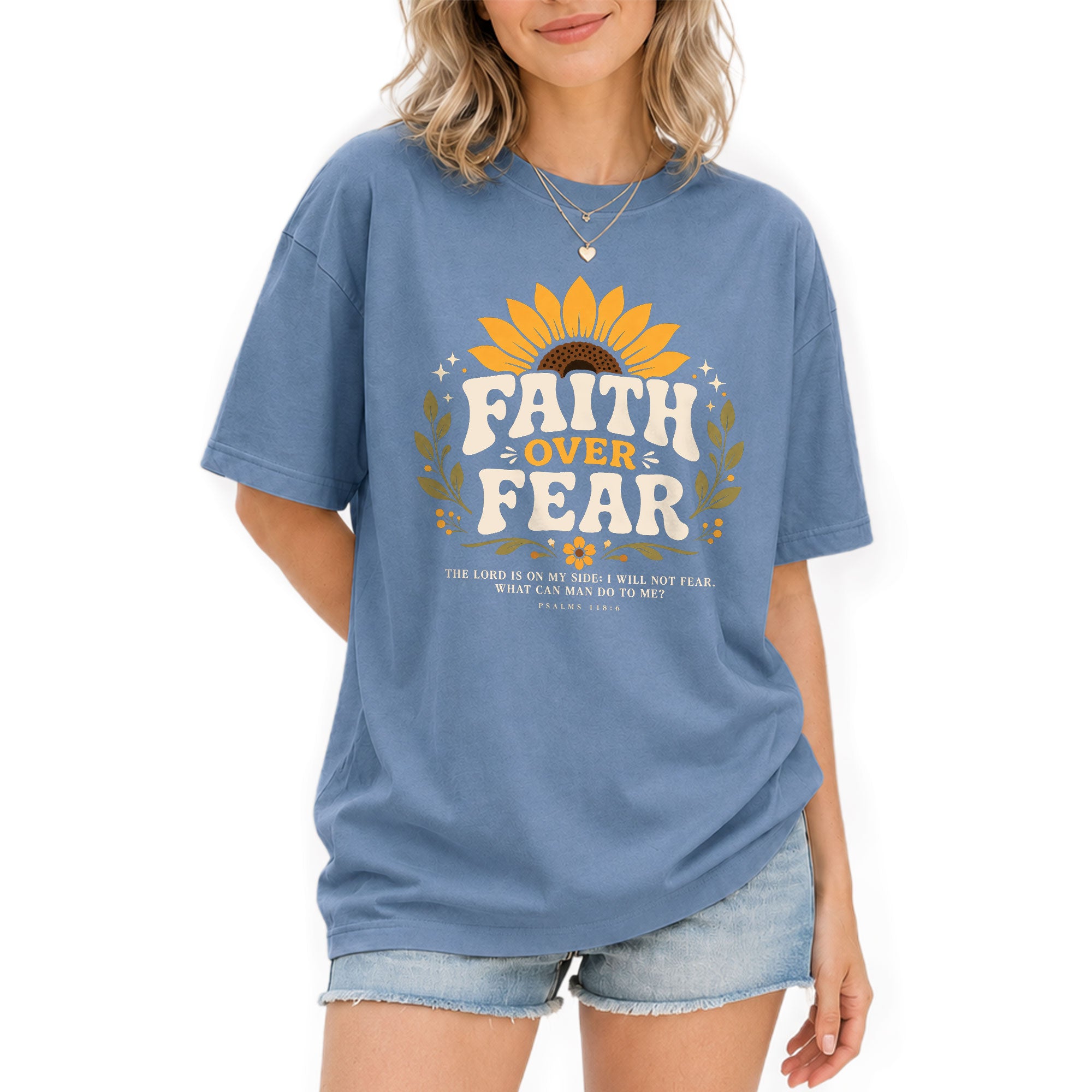 Faith Over Fear Sunflower Psalms Scripture Cute Blue Christian Tee For Women Apparel