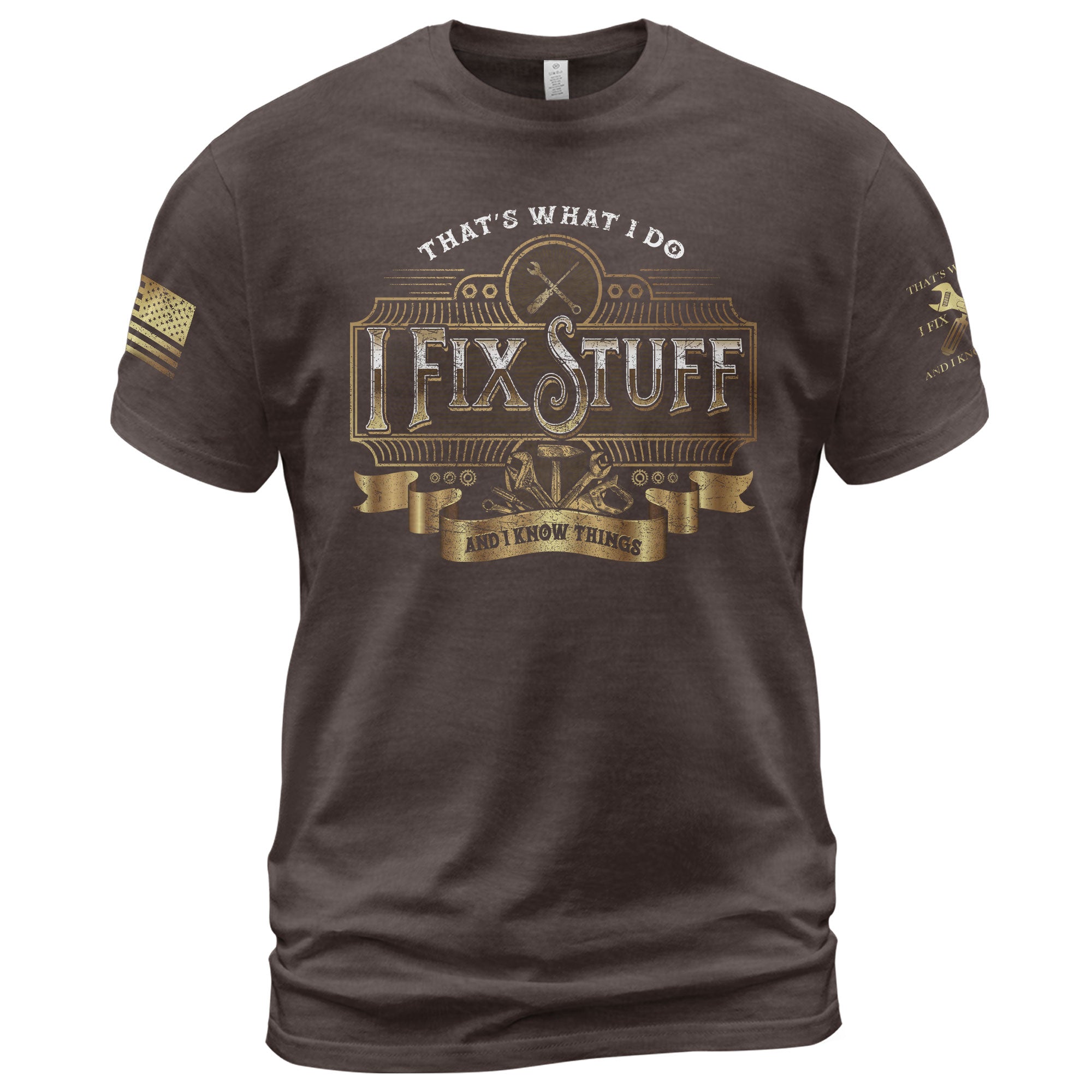 Men Ornate Label Graphic T-Shirt I Fix Stuff And I Know Things Wrench Banner Tee