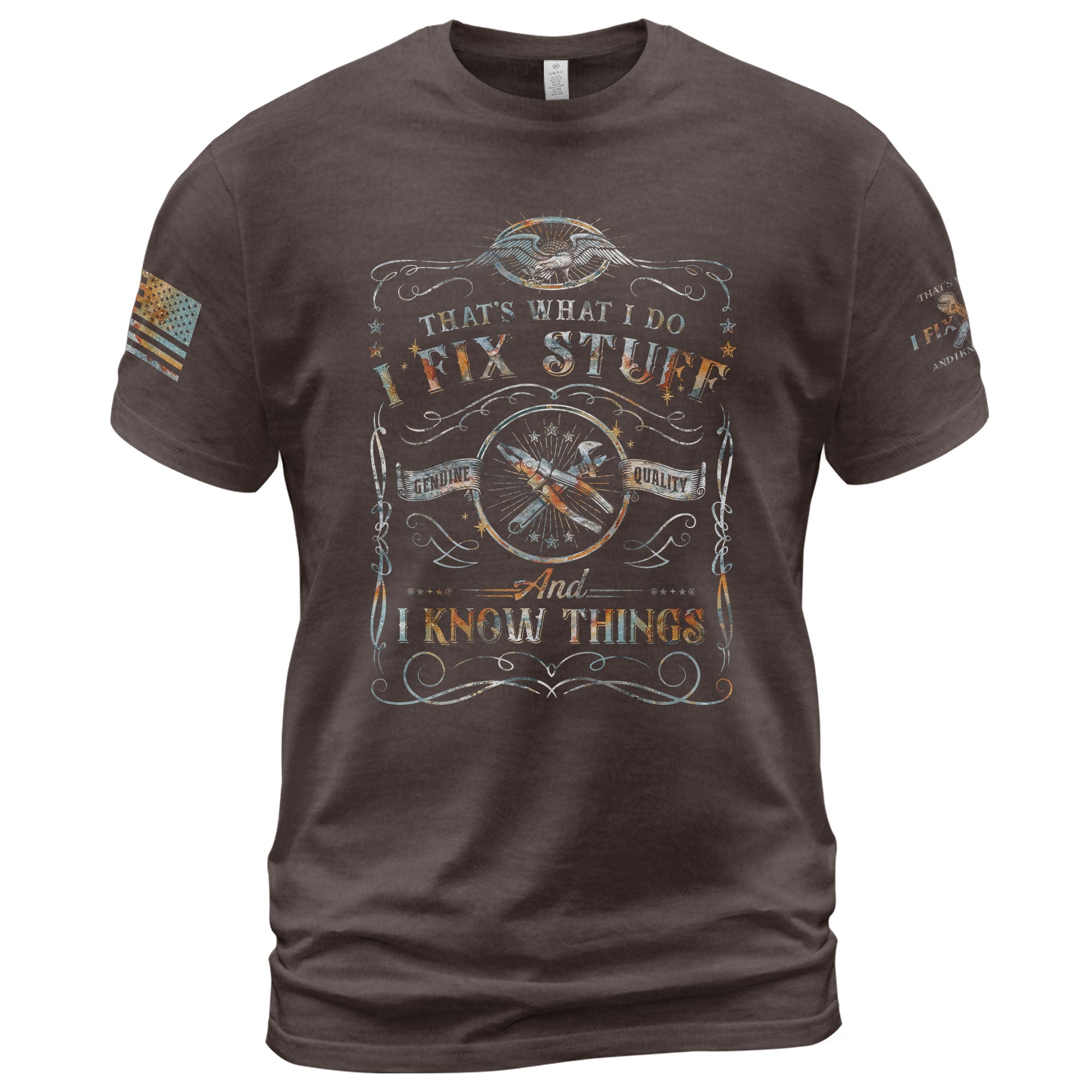 Mens Eagle Crest Graphic T-Shirt I Fix Stuff And I Know Things Wrench Banner