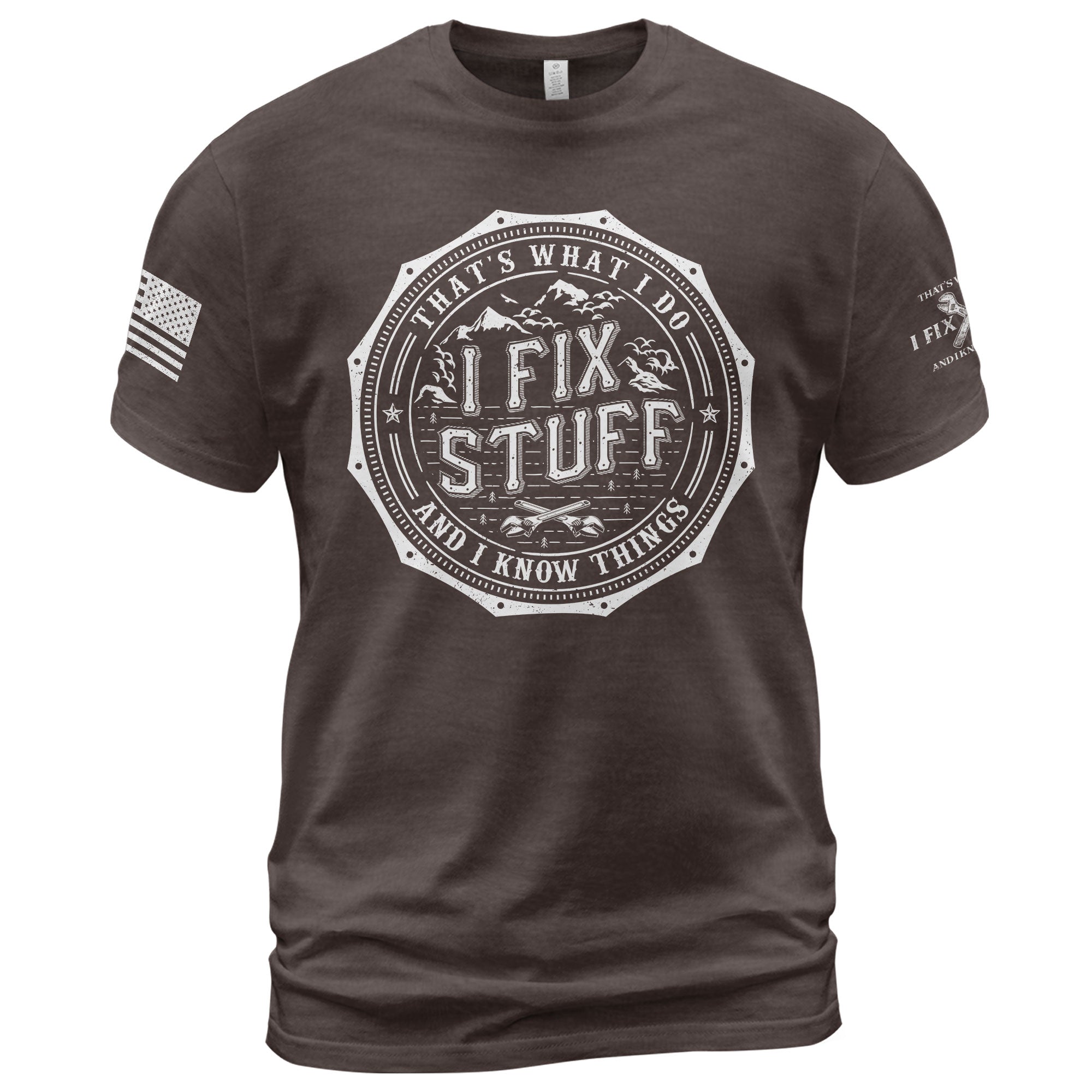 Men T-Shirt Graphic Octagon Badge I Fix Stuff And I Know Things Mountain Quote Tee