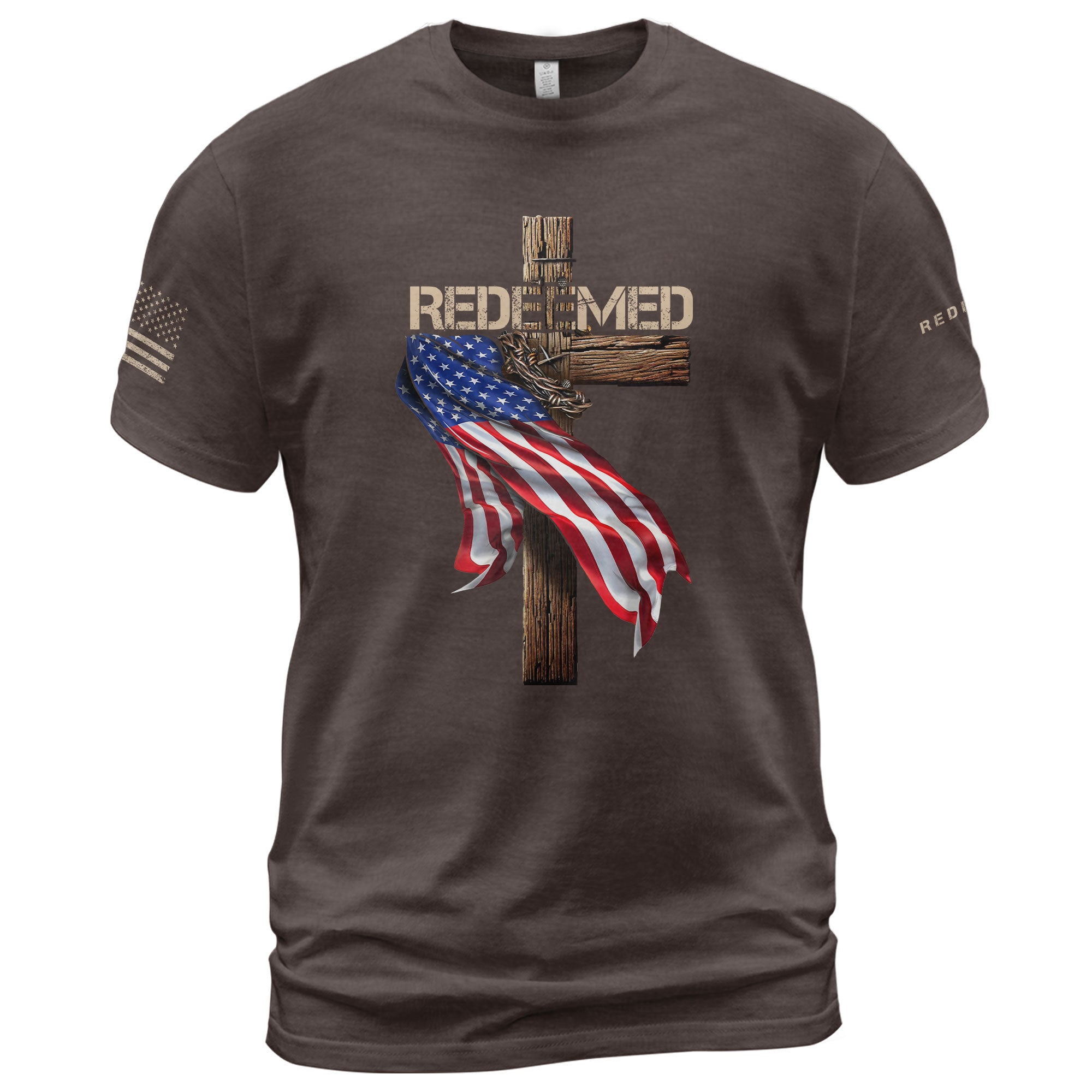 Redeemed by Christ American Flag Cross - Christian Shirts for Men, Faith Based Christian Tee Shirts - Rust Field Wear