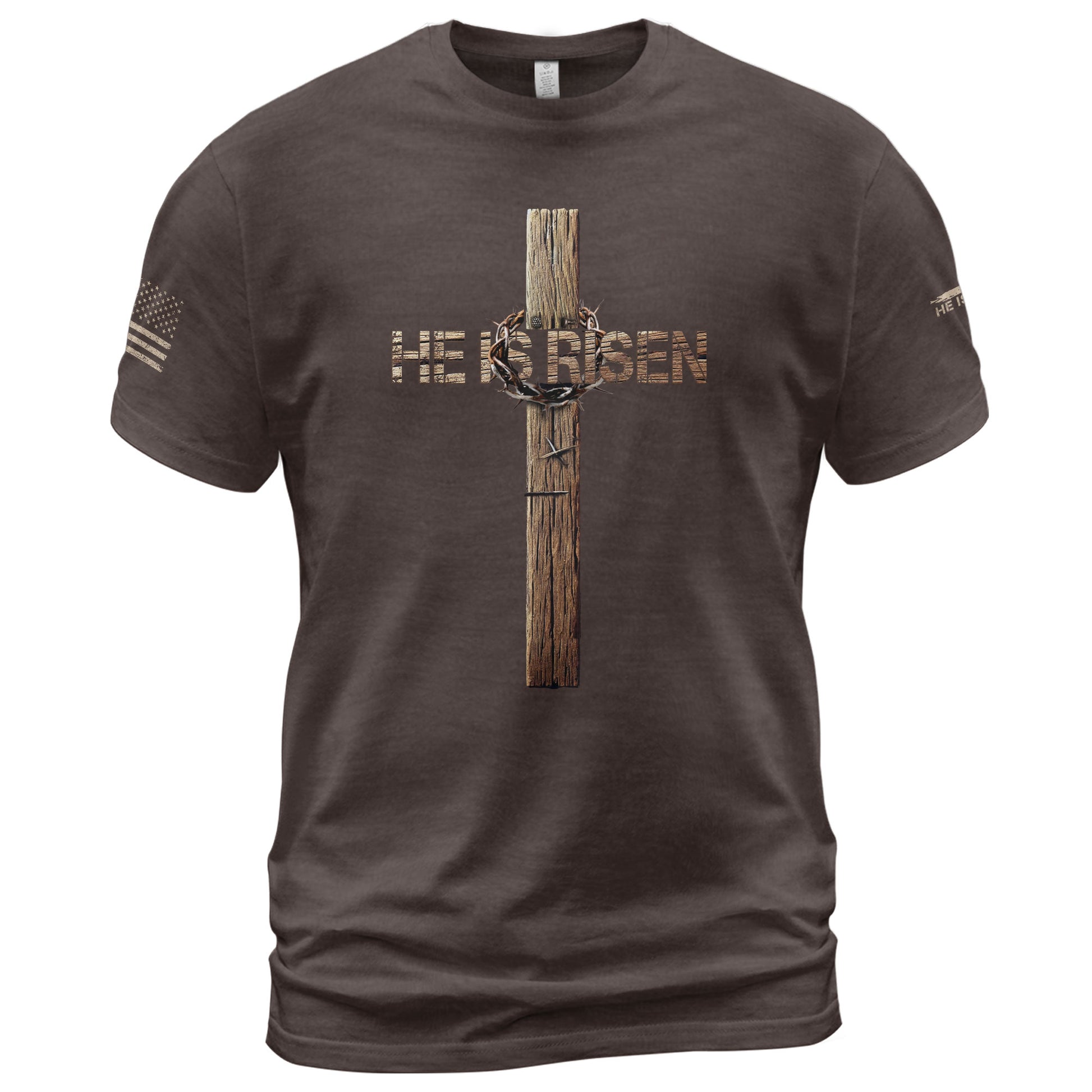Christian Tee Shirts, He Is Risen Resurrection Cross - Christian Shirts for Men - Rust Field Wear