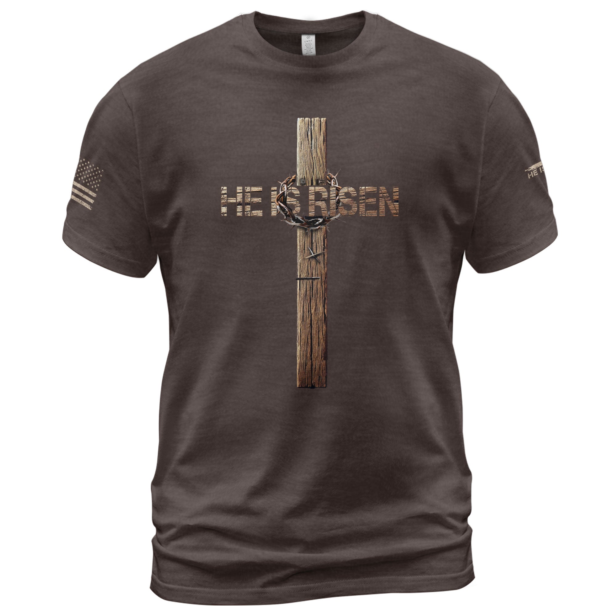 Christian Tee Shirts, He Is Risen Resurrection Cross - Christian Shirts for Men - Rust Field Wear