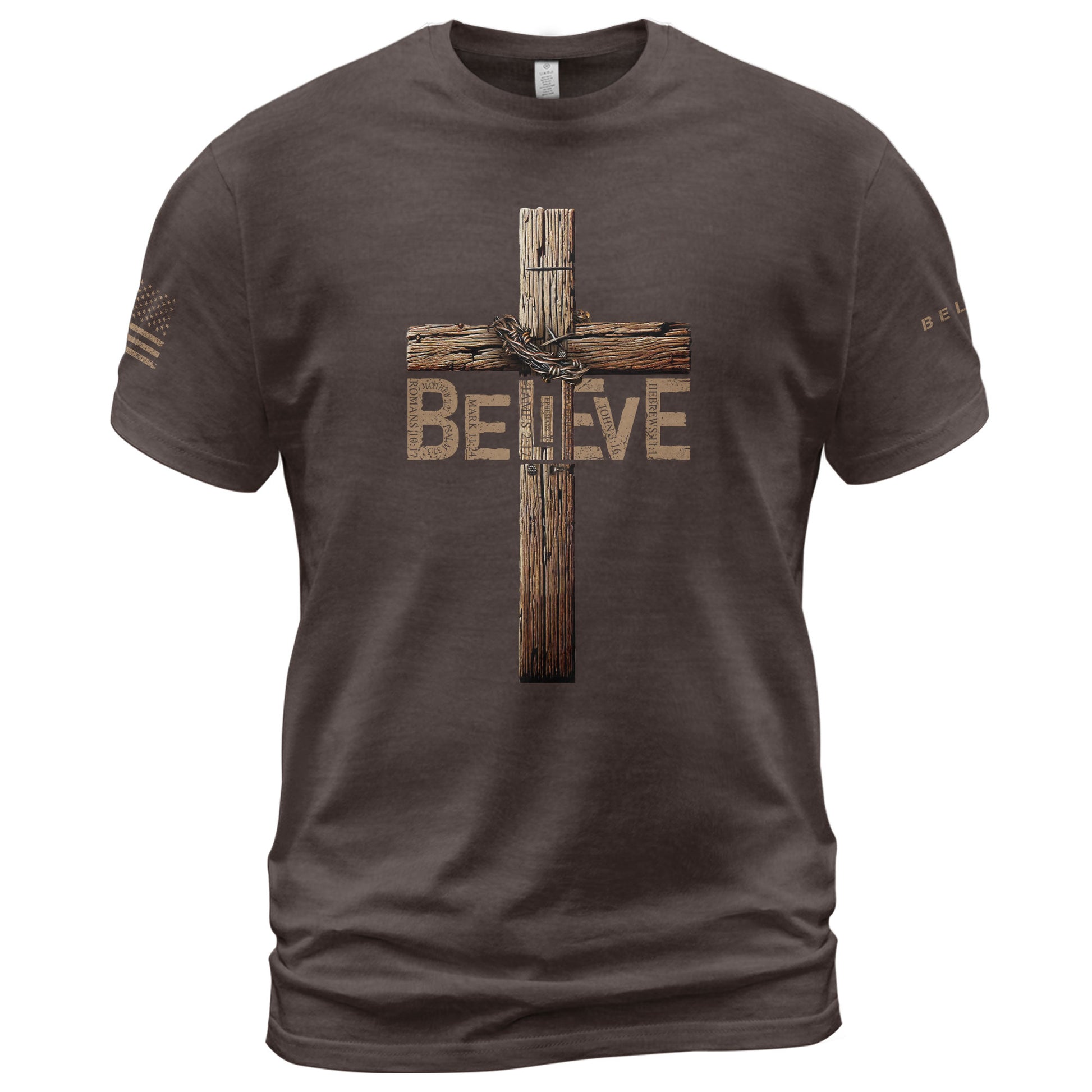 Christian Shirts for Men - Believe In The Cross Rustic Wood Christian, Christian Tee Shirts - Rust Field Wear