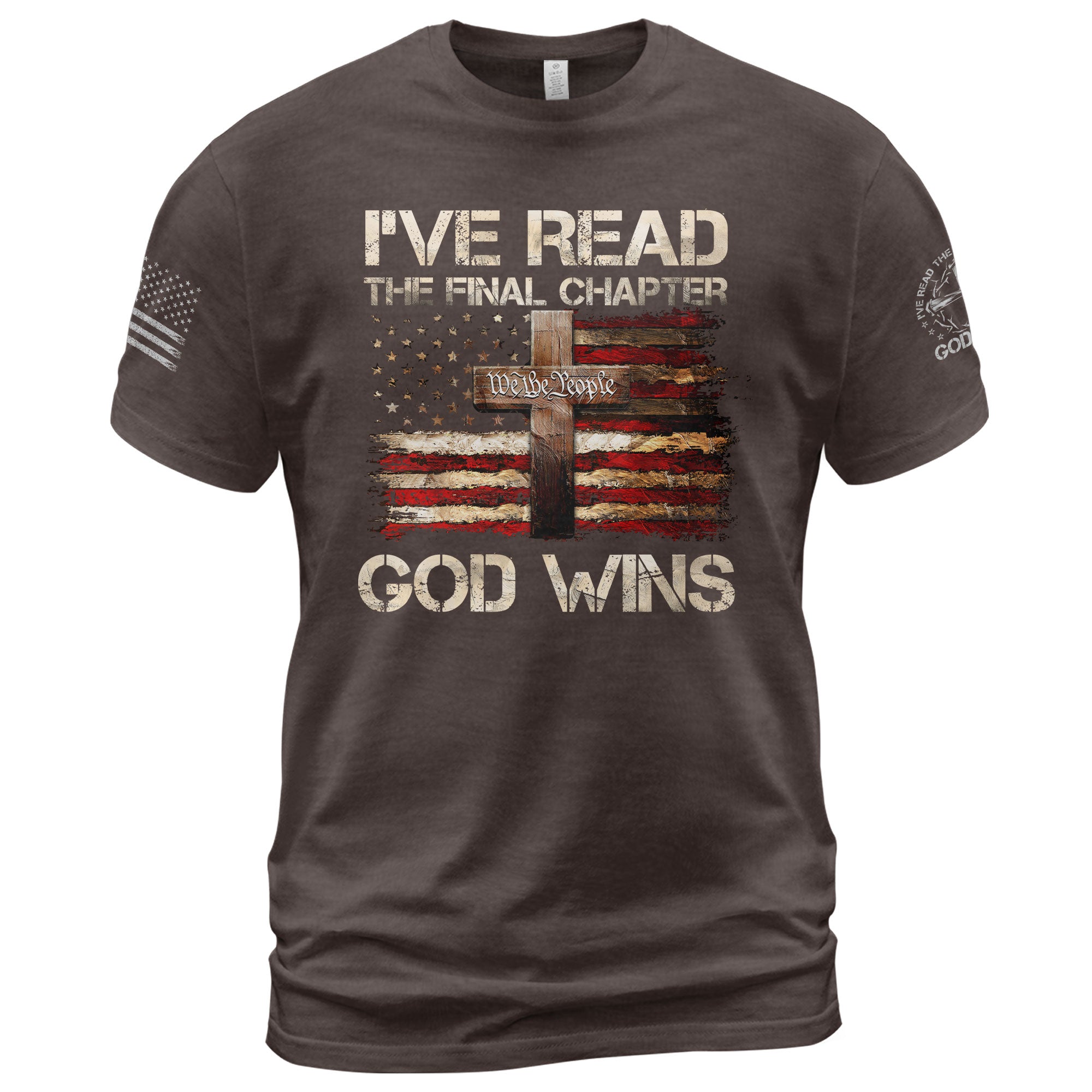 Christian Tee Shirts, God Wins Christian American Flag Cross - Christian Shirts for Men - Rust Field Wear