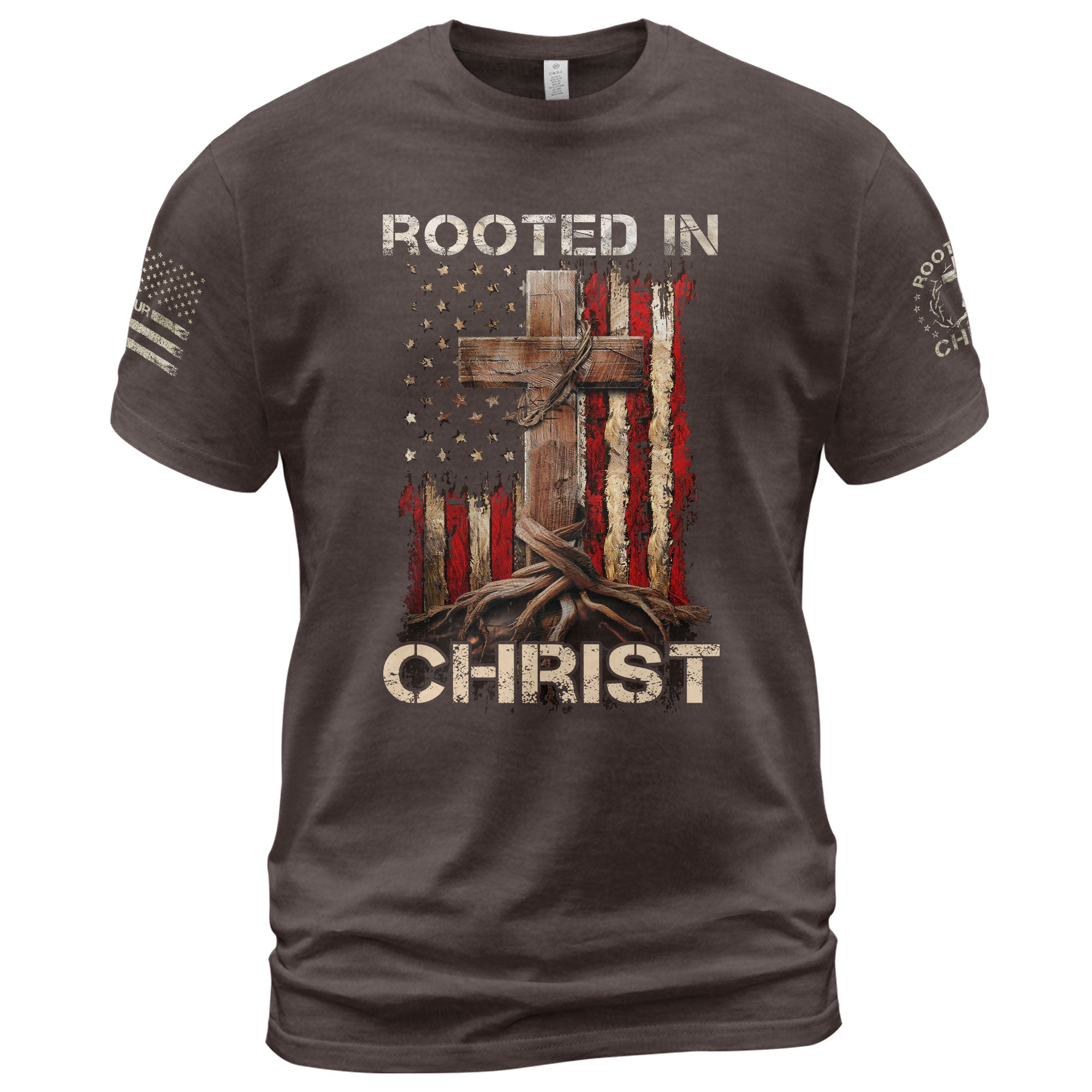 Rooted In Christ American Flag Cross, Christian Shirts for Men - Christian Tee Shirts - Rust Field Wear