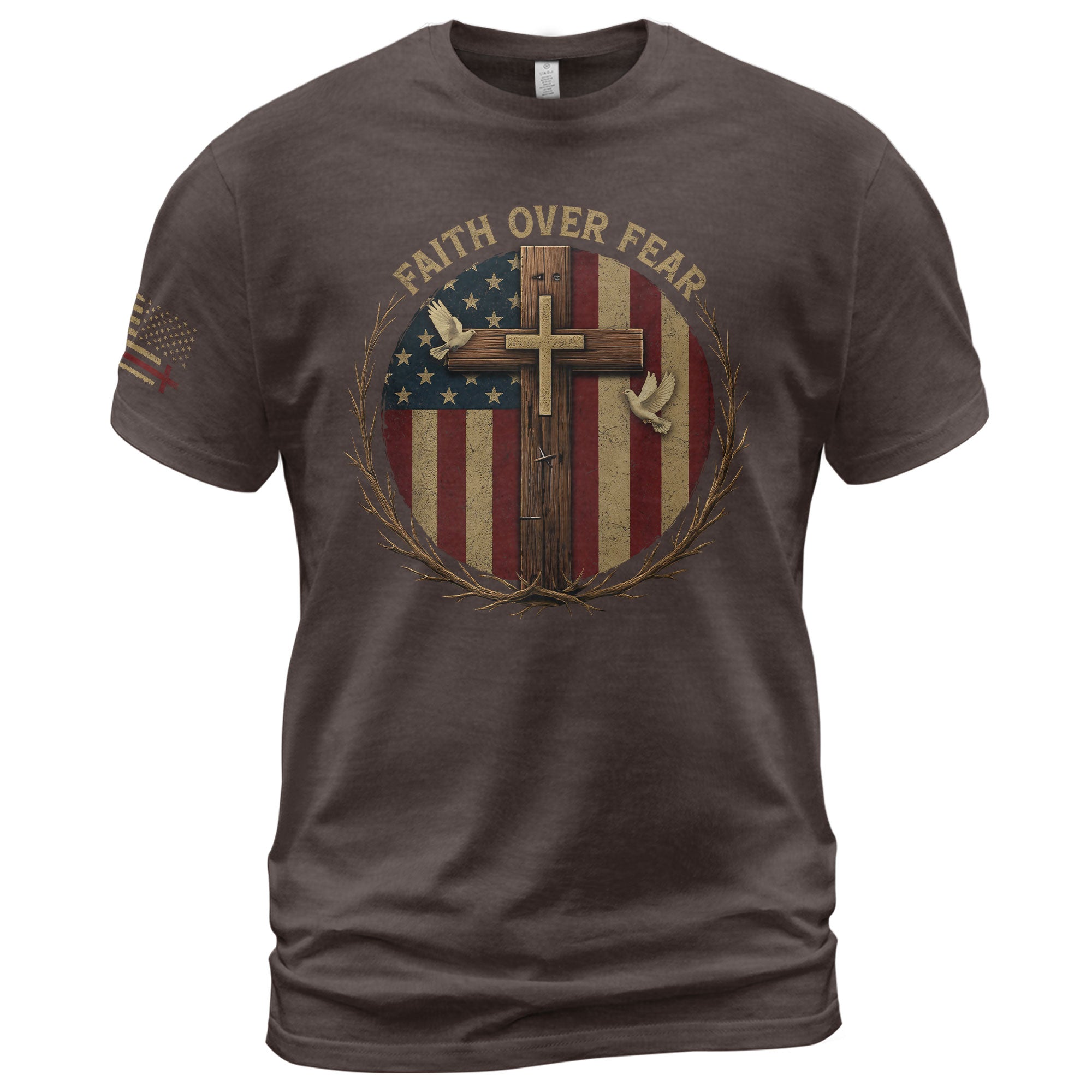 Faith Based Christian Tee Shirts, Faith Over Fear American Flag Cross Christian - Christian Shirts for Men - Rust Field Wear
