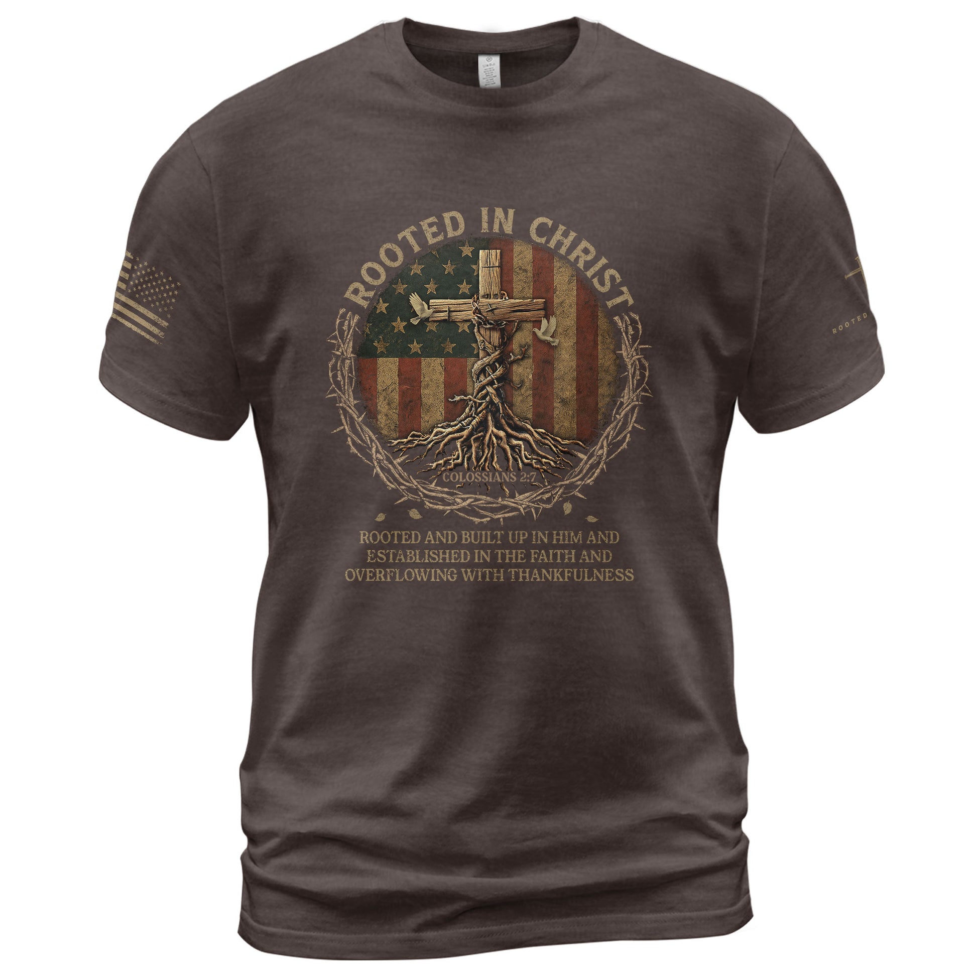 Christian Tee Shirts, Firmly Planted Rooted in Christ (Colossians 2:7) - Christian Shirts for Men - Rust Field Wear