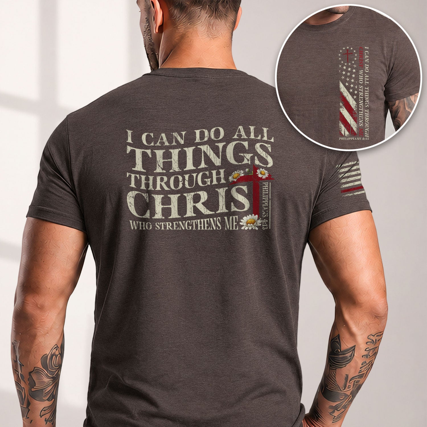 Faith Based Christian Tee Shirts, Philippians 4:13 I Can Do All Things Through Christ American Flag - Christian Shirts for Men - Rust Field Wear