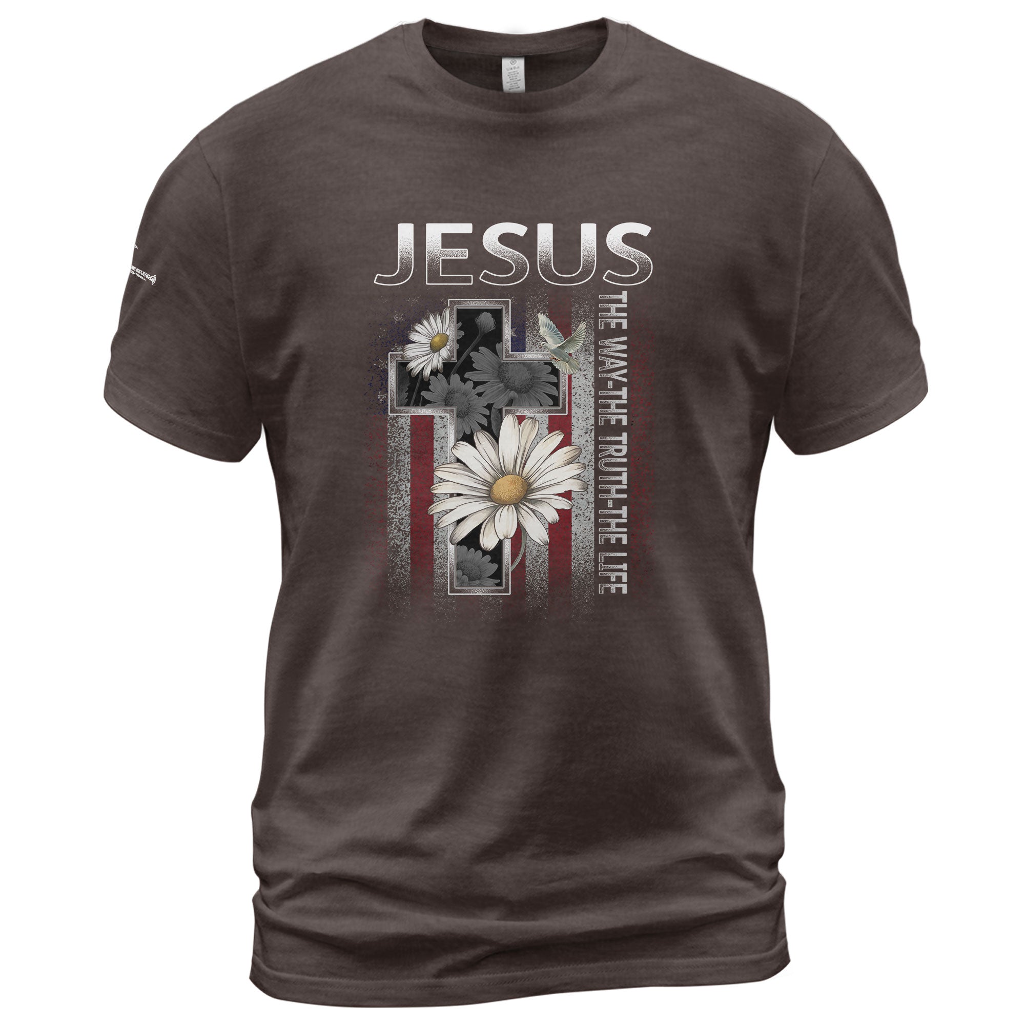 Christian Shirts for Men, Jesus The Way The Truth The Life Floral Cross USA Flag Christian - Christian Tee Shirts - Rust Field Wear