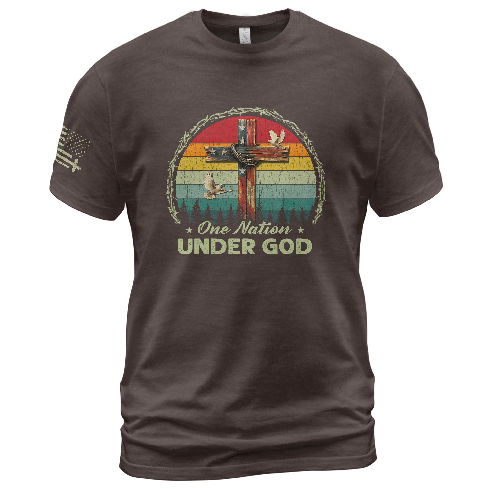 Christian Shirts for Men, One Nation Under God Retro Sunset Cross - Christian Tee Shirts - Rust Field Wear