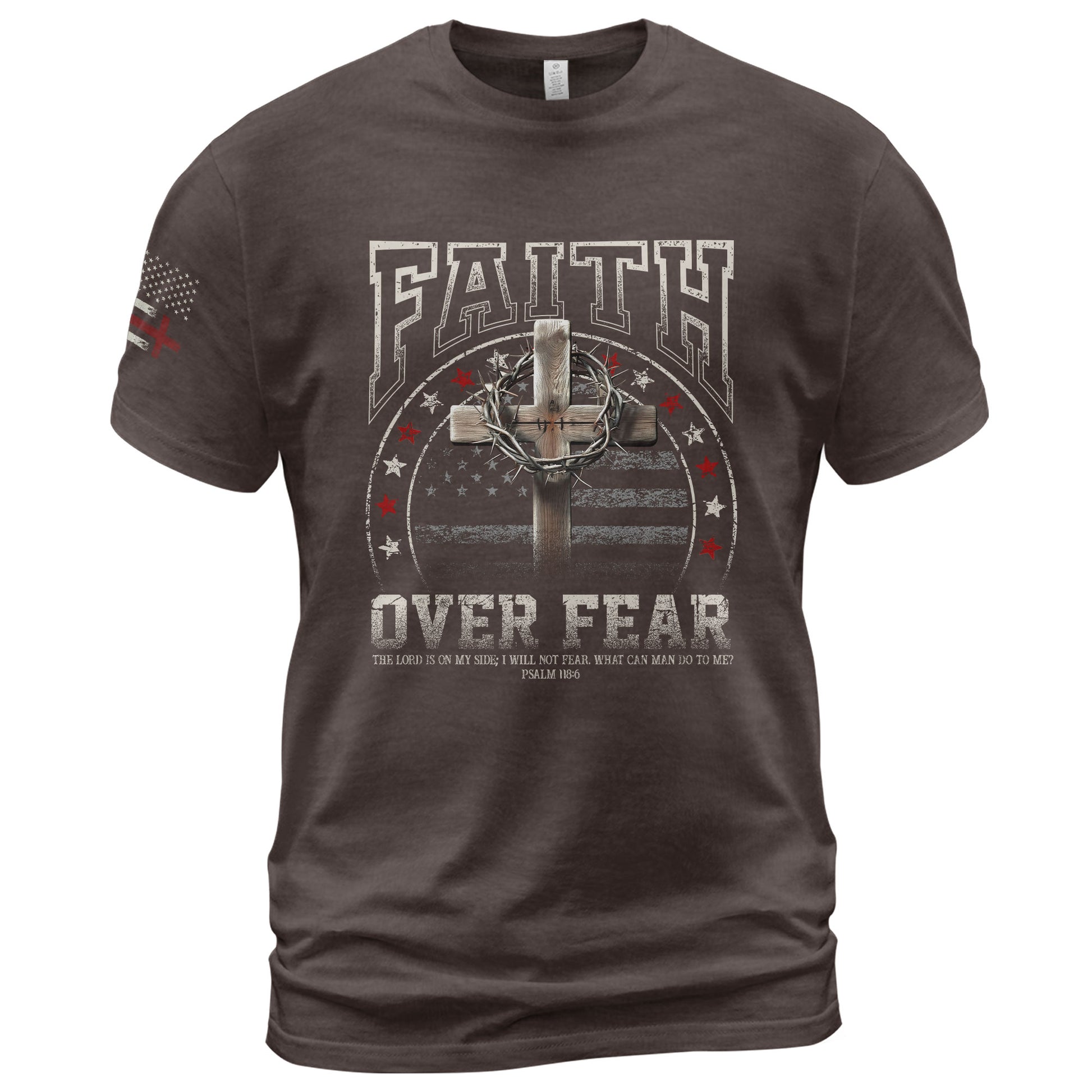 Faith Based Christian Tee Shirts, Faith Over Fear Cross American Flag - Christian Shirts for Men - Rust Field Wear