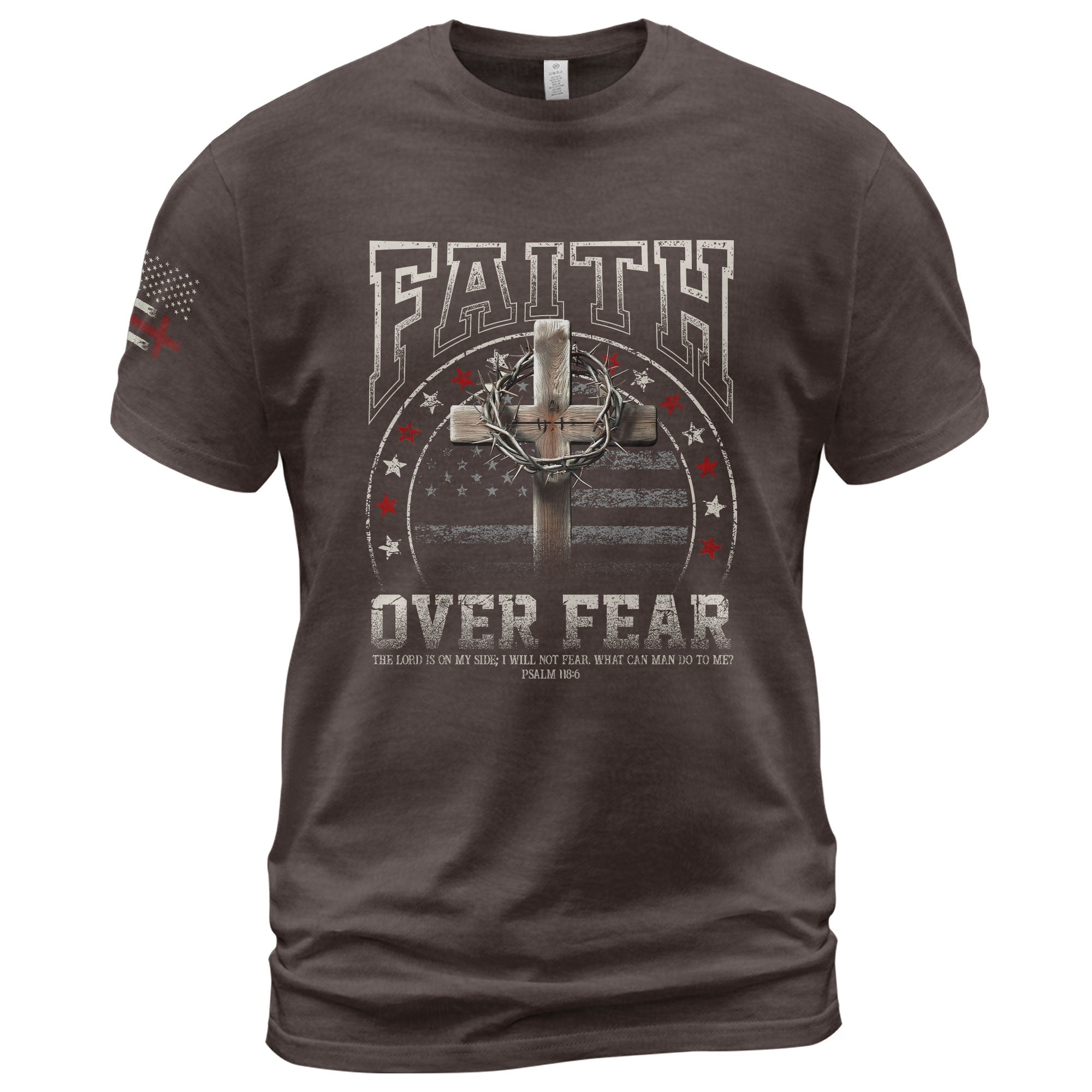 Faith Based Christian Tee Shirts, Faith Over Fear Cross American Flag - Christian Shirts for Men - Rust Field Wear
