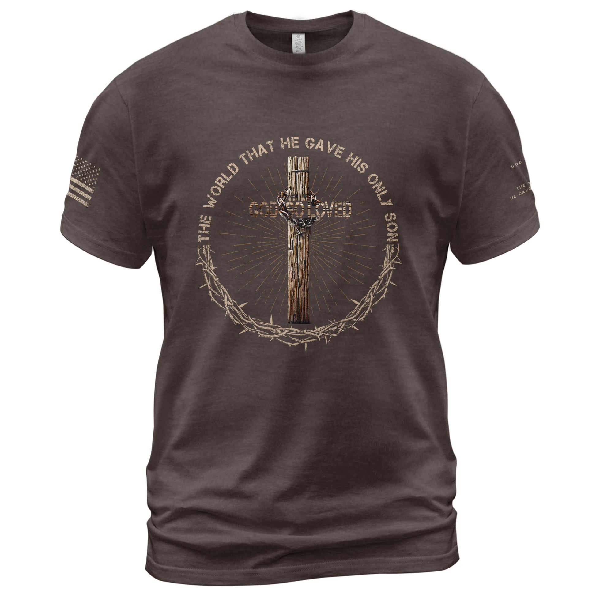 Faith Based Christian Tee Shirts, God So Loved John 3:16 Cross Edition - Christian Shirts for Men - Rust Field Wear