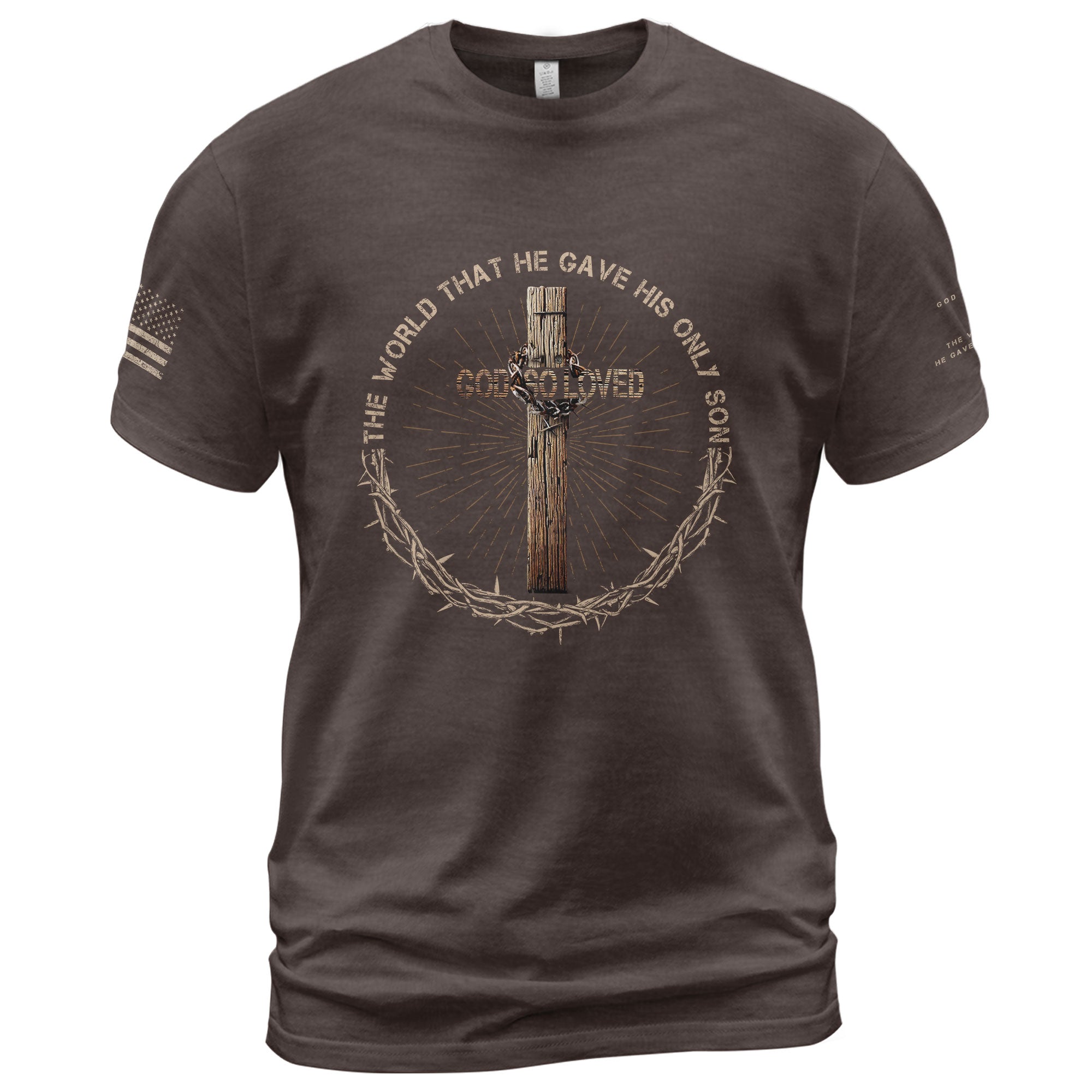 Faith Based Christian Tee Shirts, God So Loved John 3:16 Cross Edition - Christian Shirts for Men - Rust Field Wear