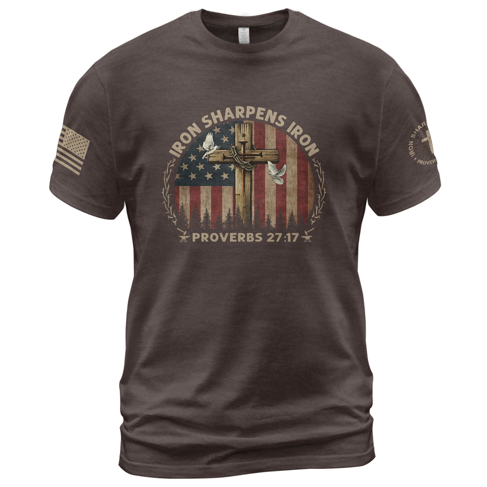 Christian Shirts for Men, Iron Sharpens Iron Proverbs 27:17 and Cross Bold Faithwear - Christian Tee Shirts - Rust Field Wear