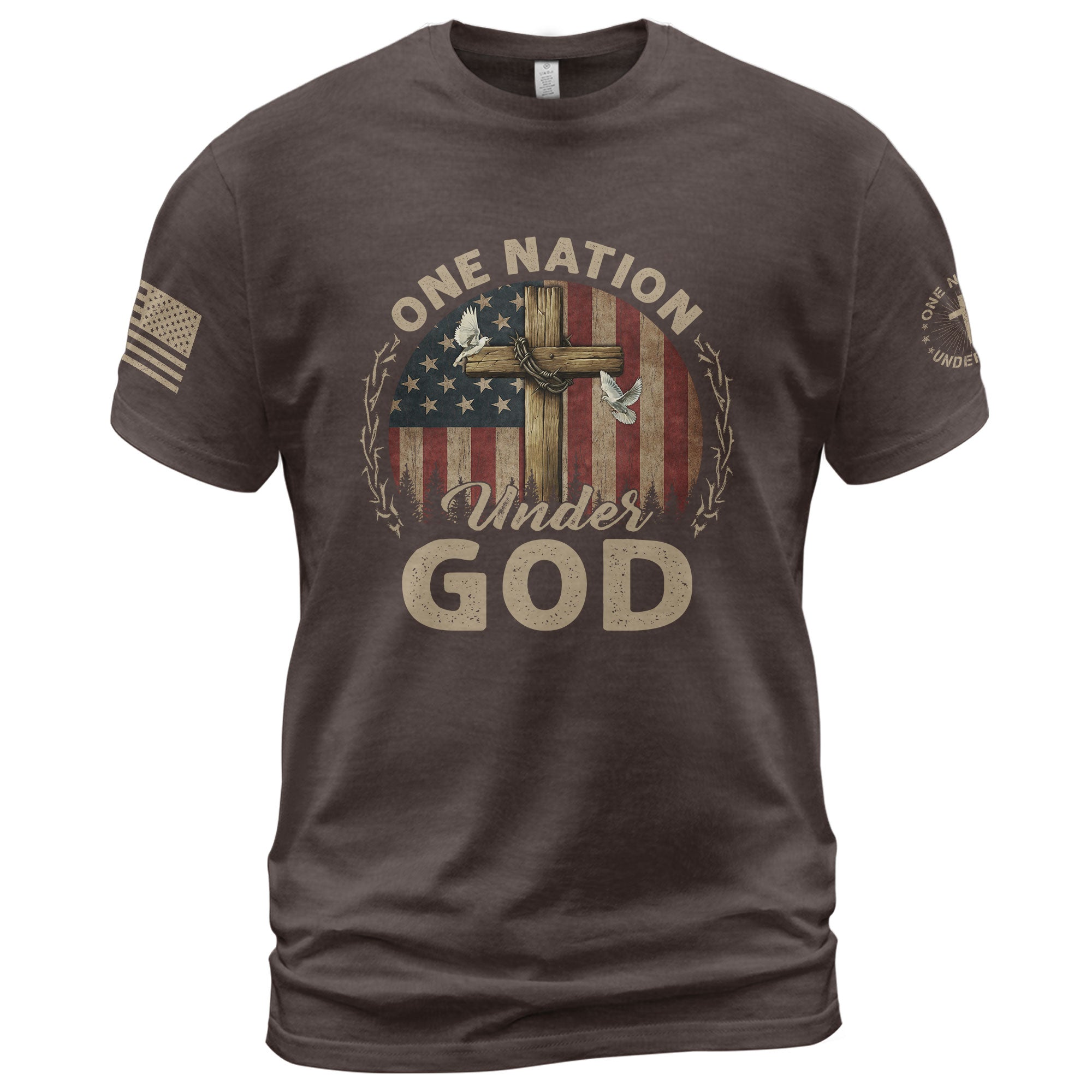 One Nation Under God Cross, Flag and Christian Boldwear, Christian Tee Shirts - Faith Shirts for Men - Rust Field Wear