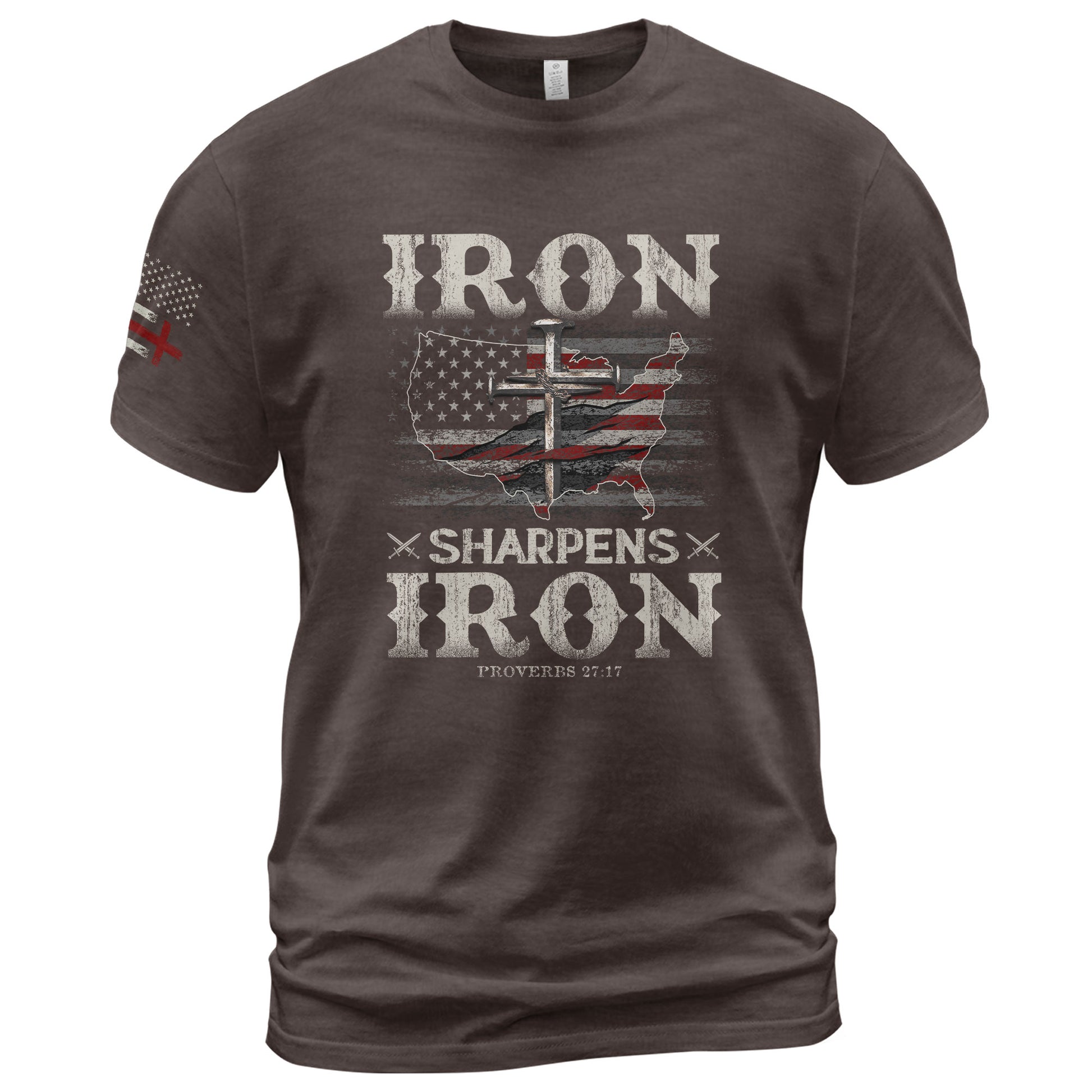 Faith Based Christian Tee Shirts, Iron Sharpens Iron Proverbs 27:17 USA Faith Warrior - Christian Shirts for Men - Rust Field Wear