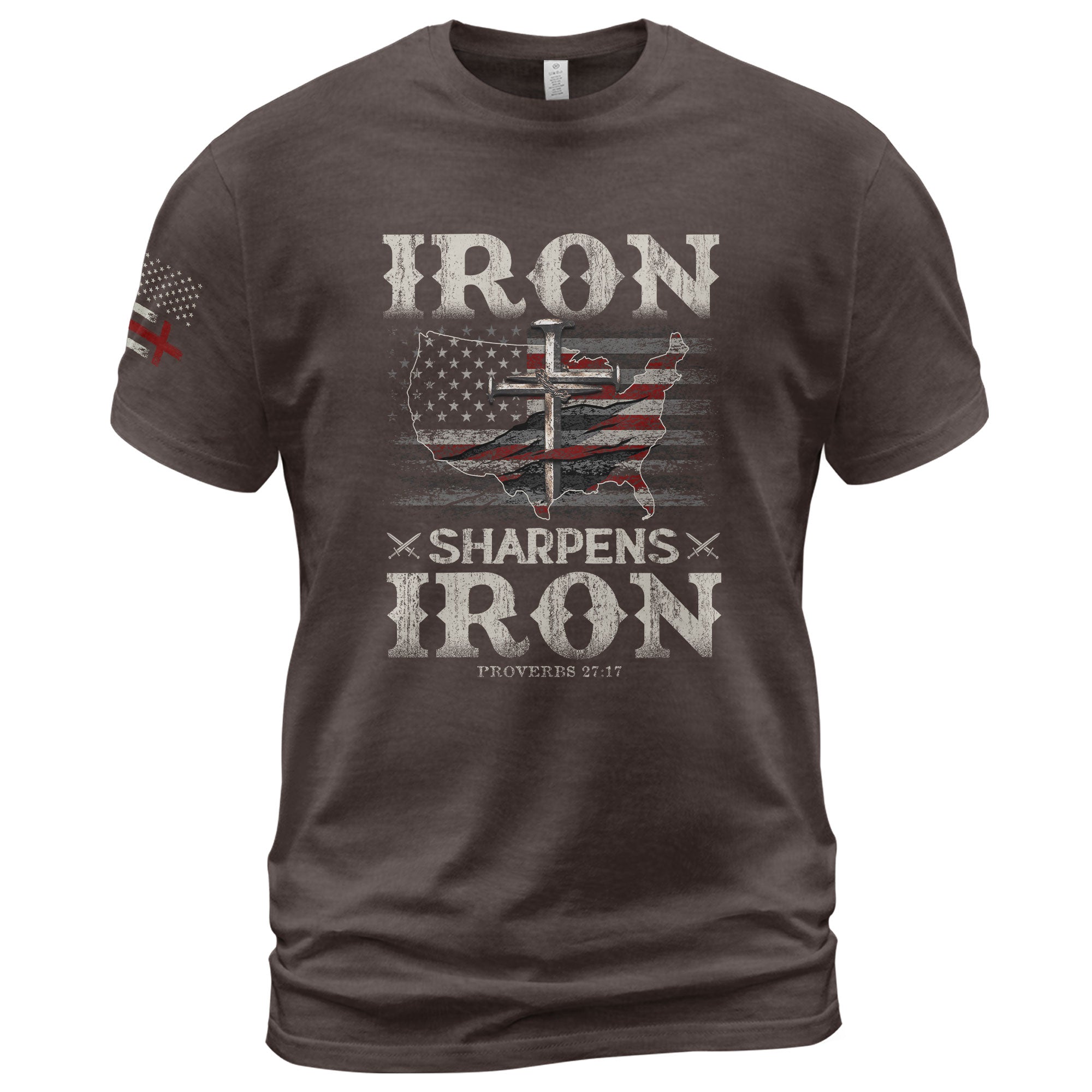 Faith Based Christian Tee Shirts, Iron Sharpens Iron Proverbs 27:17 USA Faith Warrior - Christian Shirts for Men - Rust Field Wear
