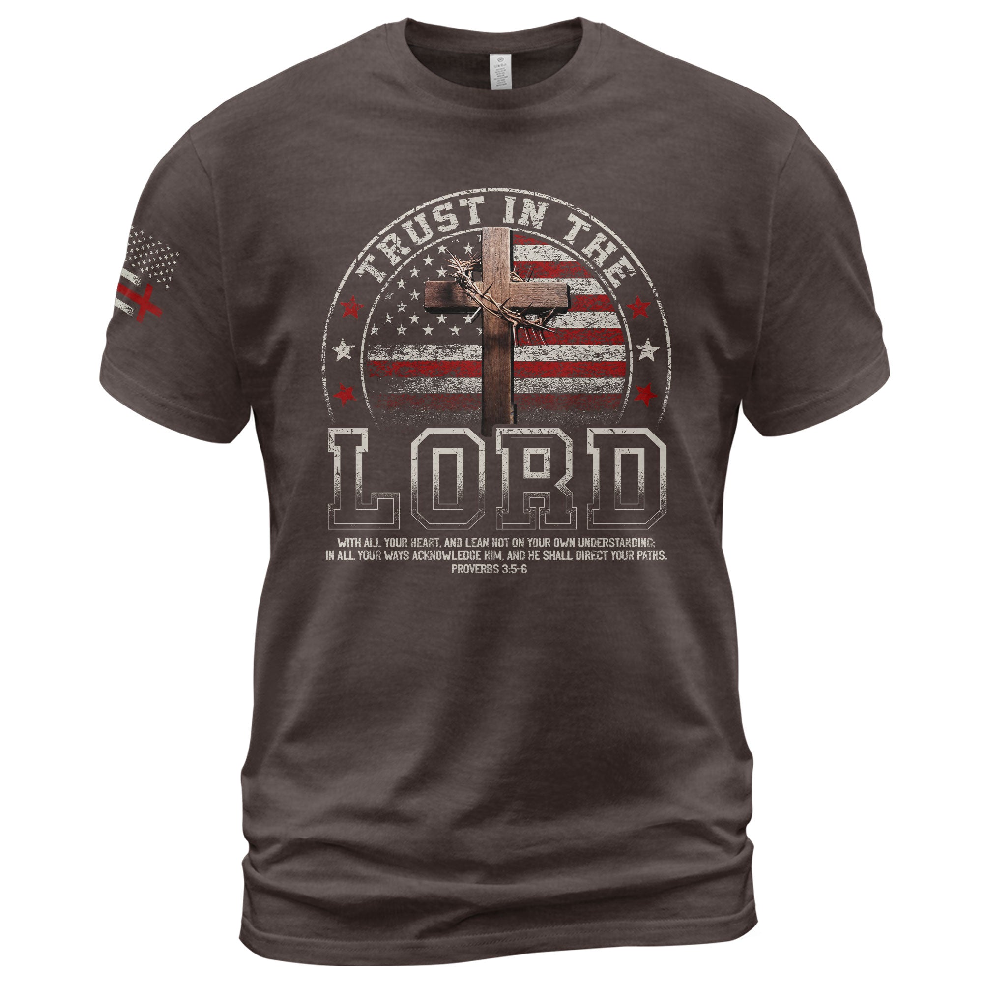 Faith Based Christian Tee Shirts, Trust In The Lord Christian American Flag Cross - Christian Shirts for Men - Rust Field Wear