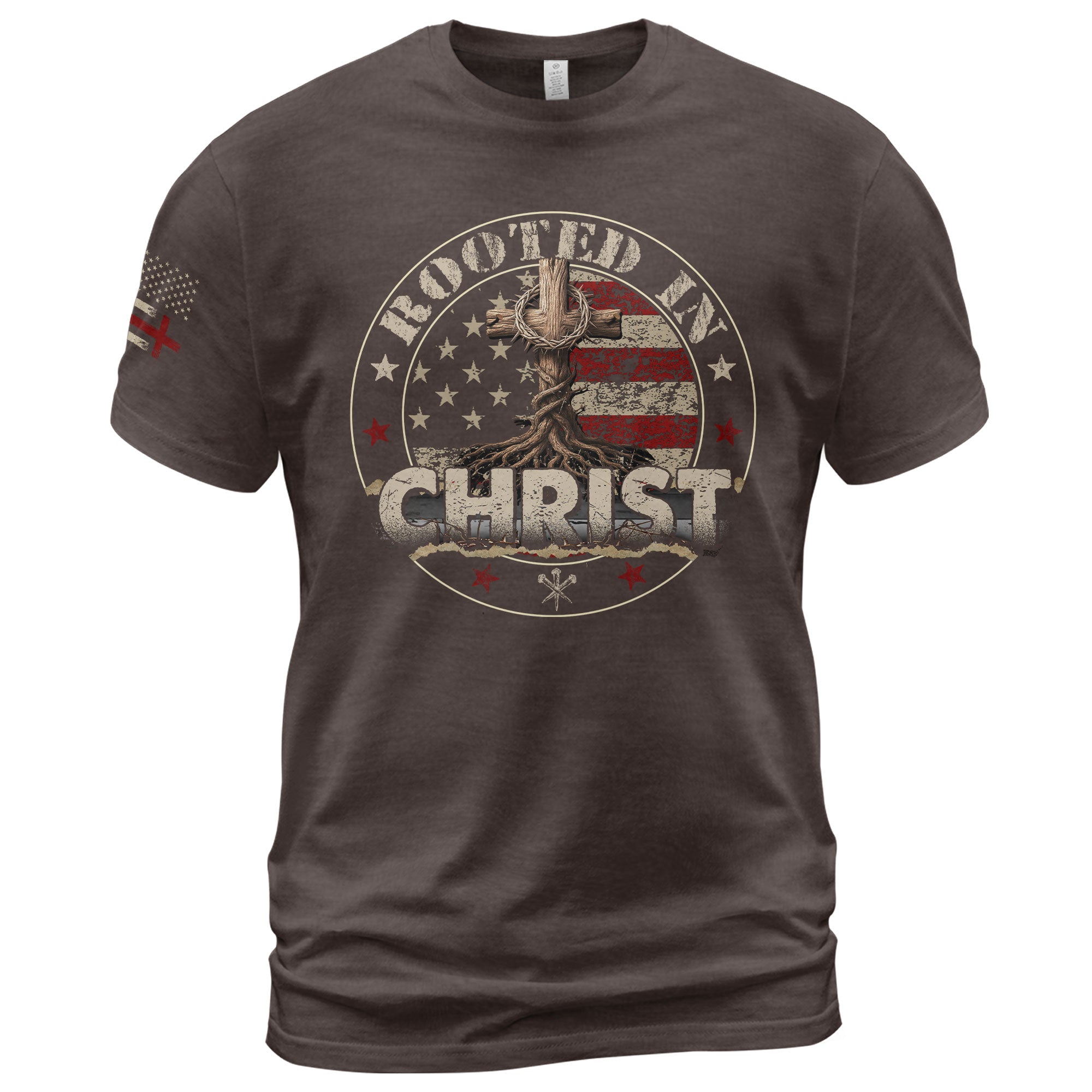 Faith Based Christian Tee Shirts, Rooted in Christ American Flag and Cross - Christian Shirts for Men - Rust Field Wear