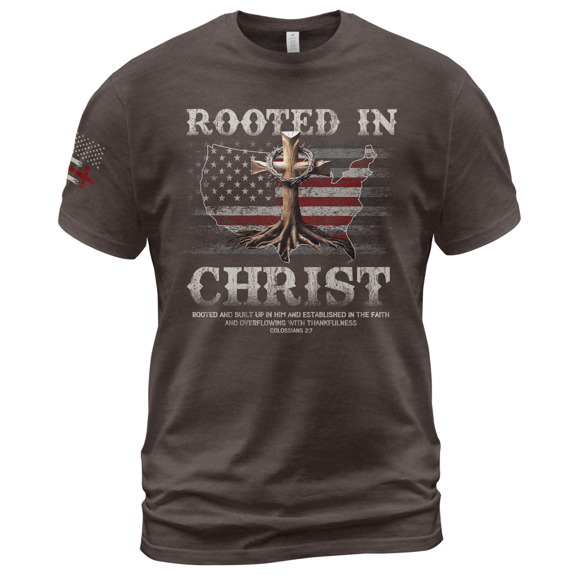 Rooted in Christ USA Flag Map Christian - Christian Shirts for Men, Faith Based Christian Tee Shirts - Rust Field Wear