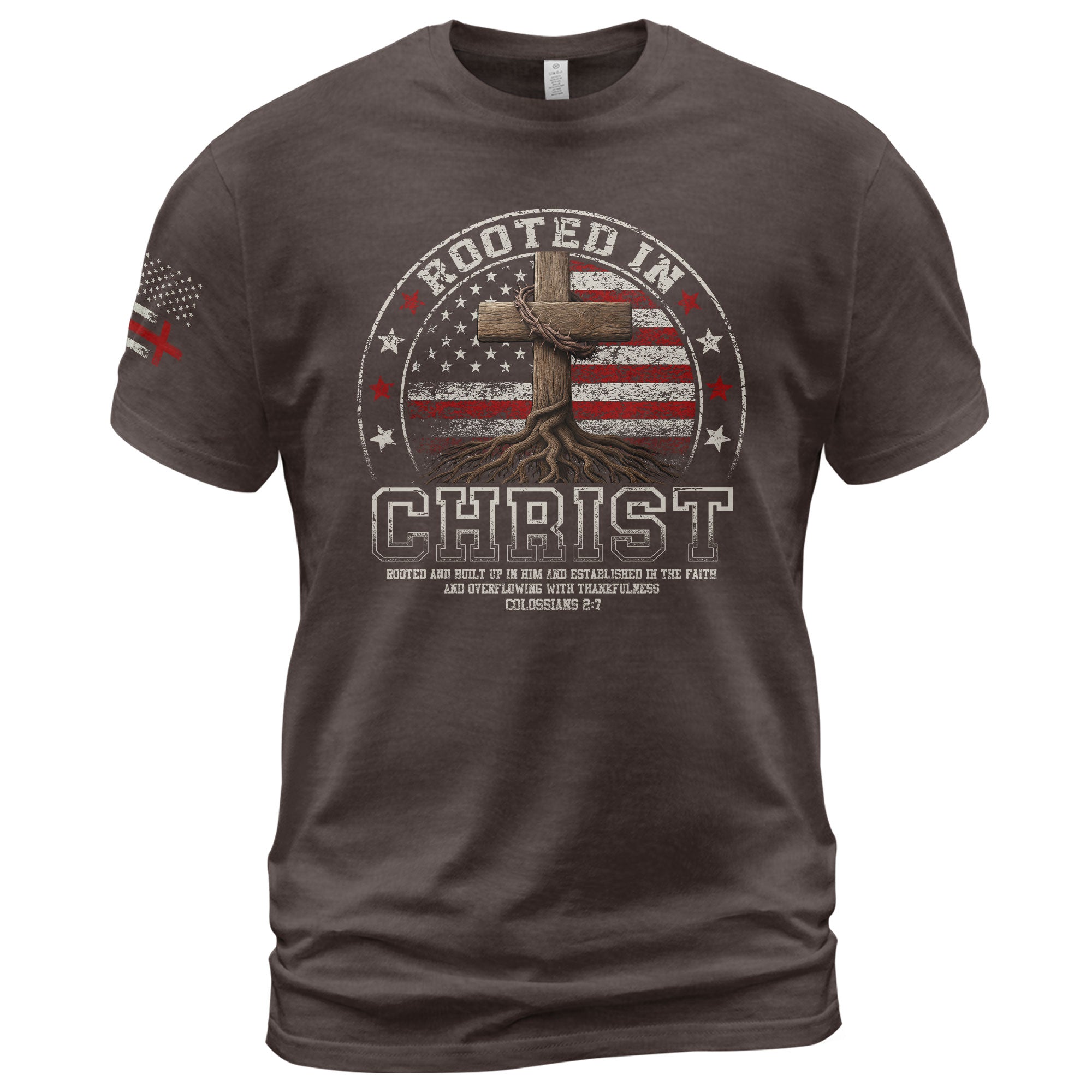 Christian Shirts for Men - Rooted in Christ Circle American Flag, Christian Tee Shirts - Rust Field Wear