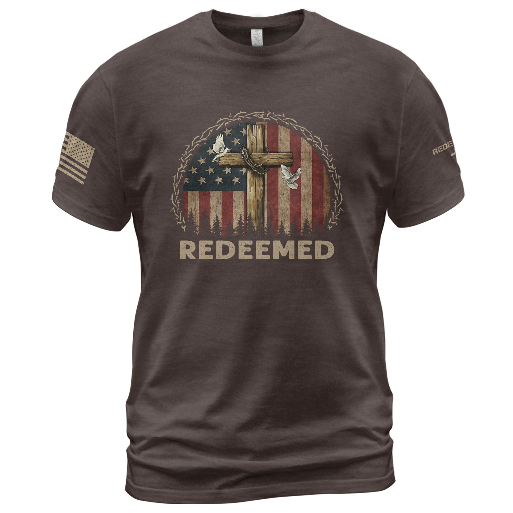 Christian Tee Shirts, Redeemed American Flag Cross Patriotic Christian - Christian Shirts for Men - Rust Field Wear