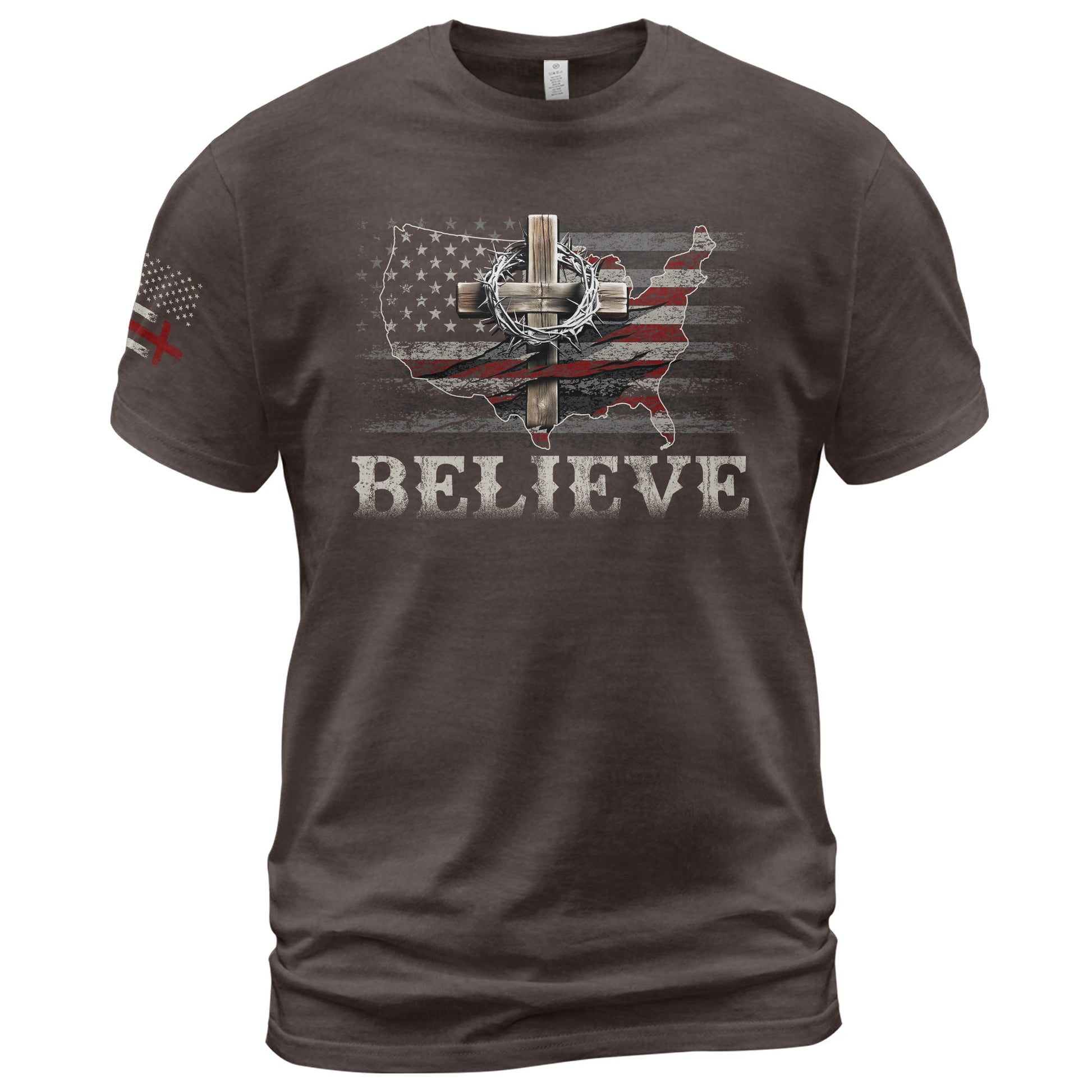 Christian Tee Shirts, Believe USA Flag Cross - Christian Shirts for Men - Rust Field Wear