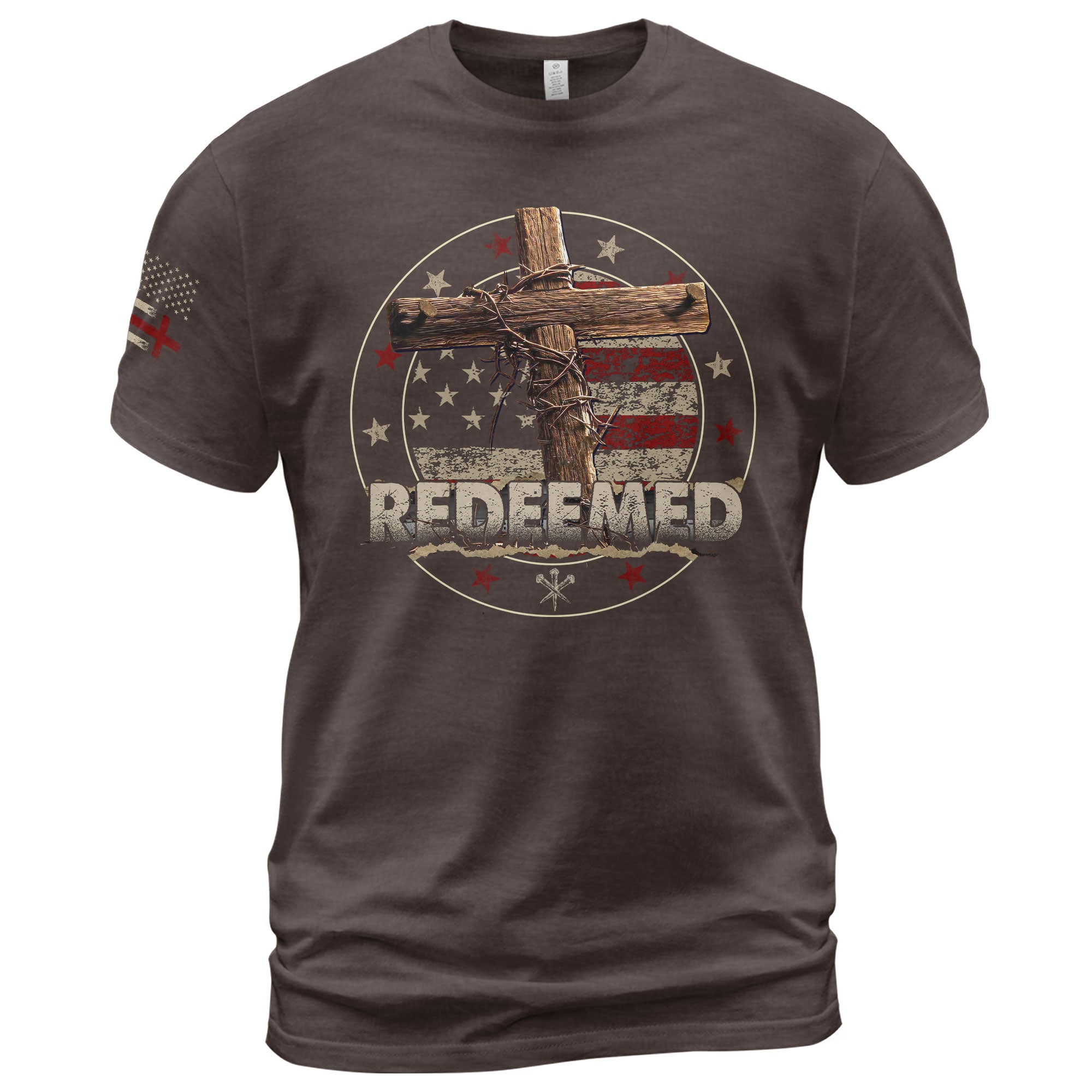 Redeemed Cross Christian American Flag Faith - Christian Shirts for Men, Faith Based Christian Tee Shirts - Rust Field Wear