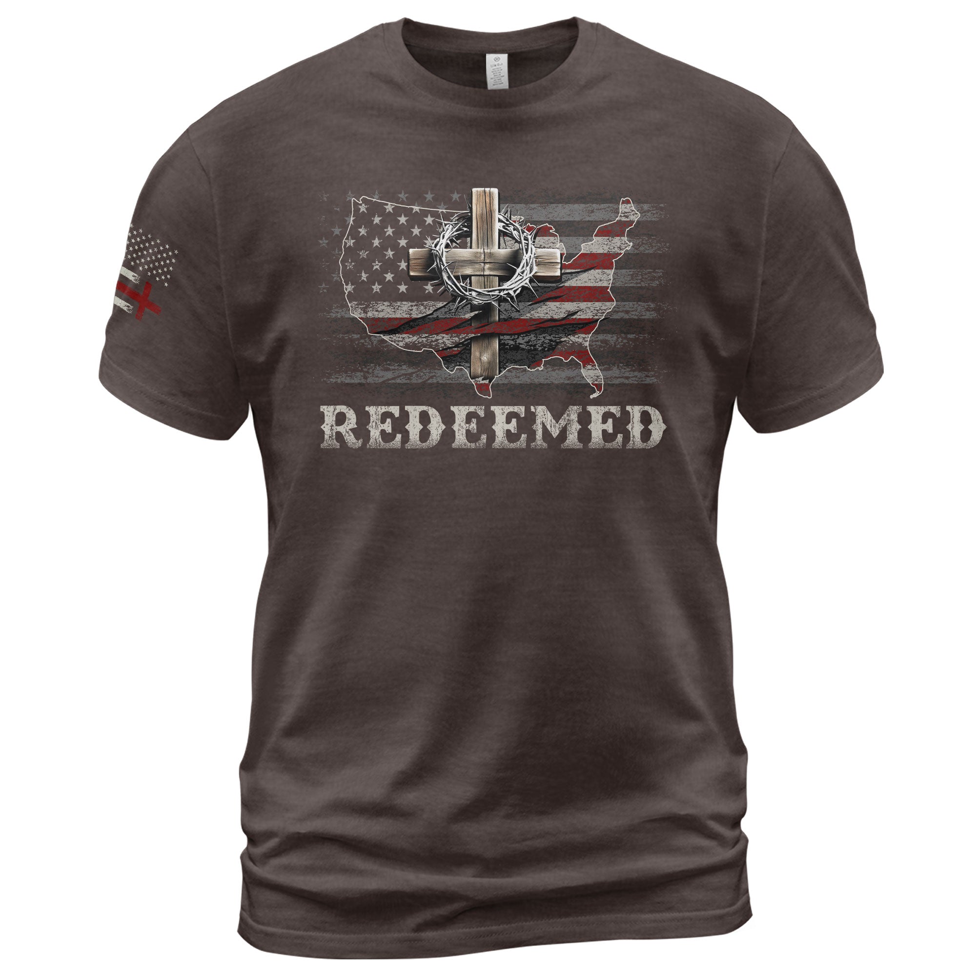 Christian Shirts for Men - Redeemed USA Flag Cross Christian, Christian Tee Shirts - Rust Field Wear