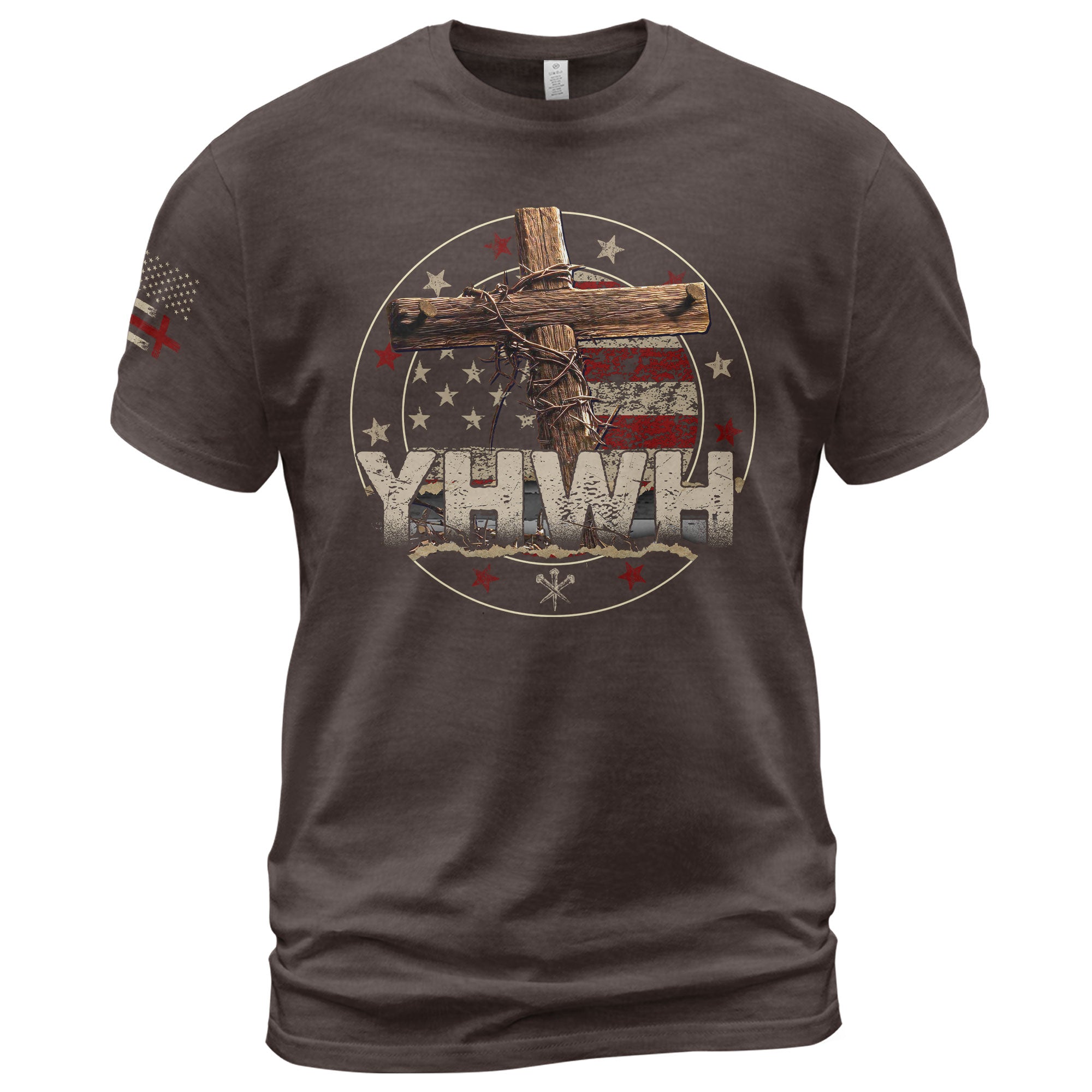 Christian Shirts for Men, YHWH American Flag Cross Christian Faith - Christian Tee Shirts - Rust Field Wear