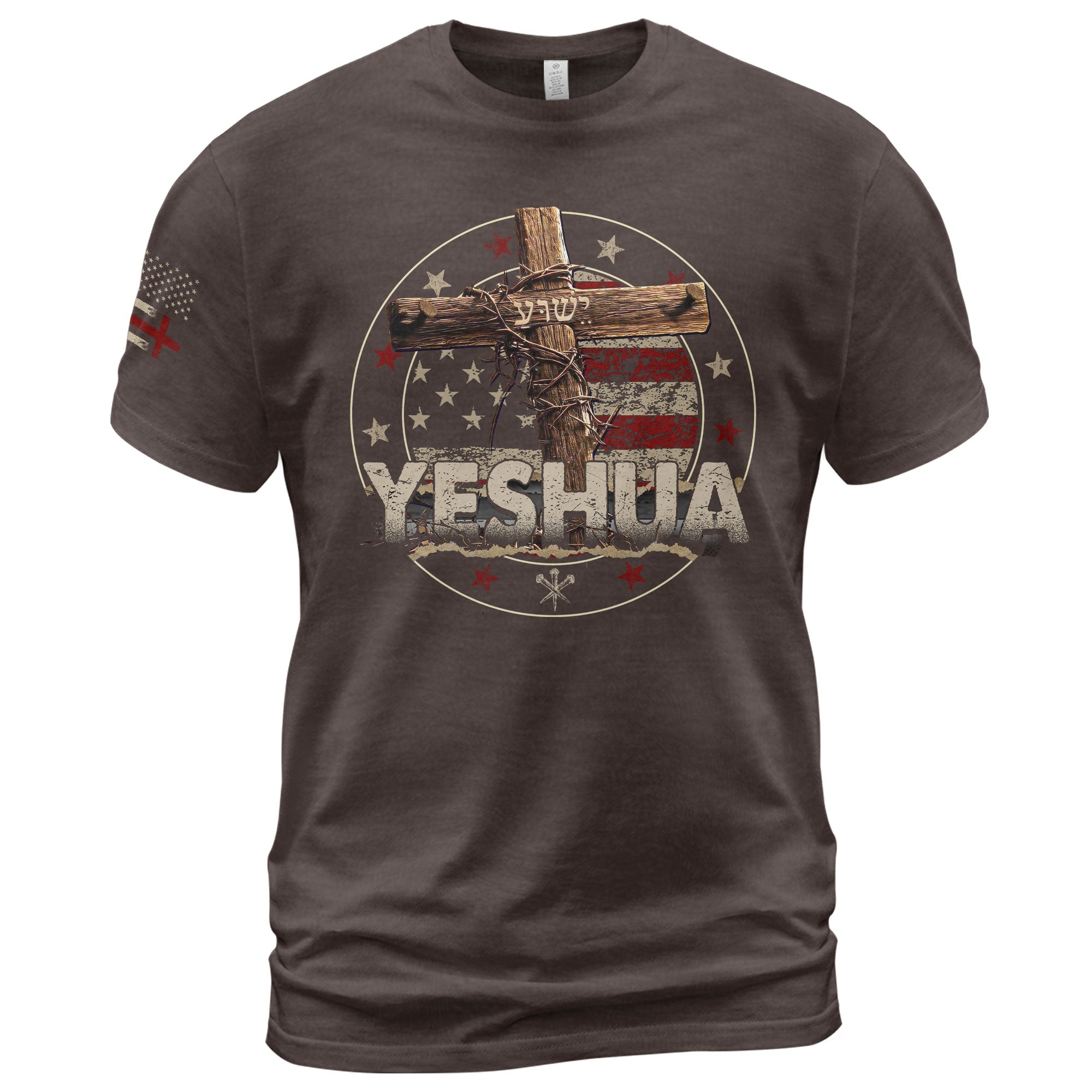 Christian Shirts for Men - Yeshua Cross and Flag, Christian Tee Shirts - Rust Field Wear