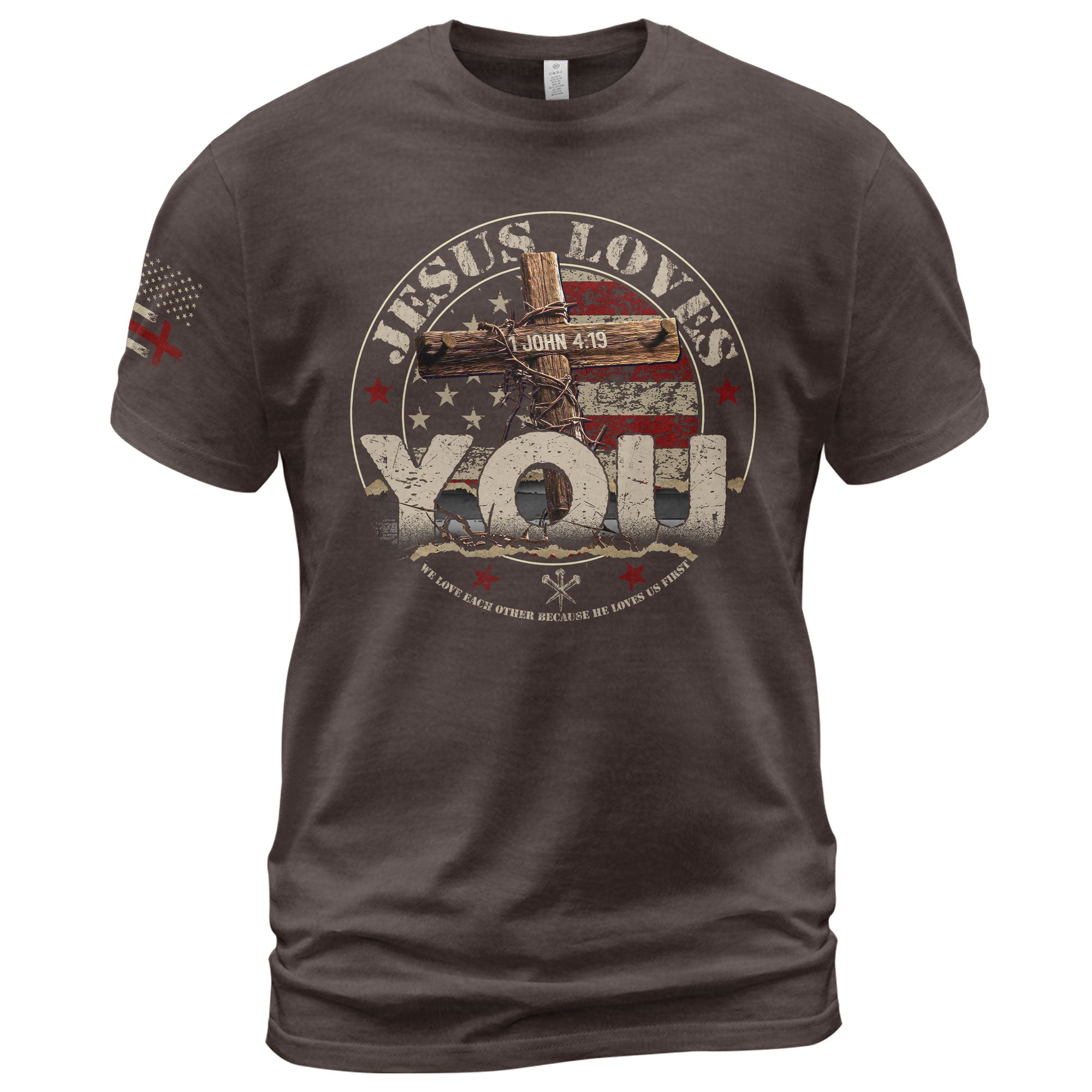Jesus Loves You John 4:19, Christian Tee Shirts - Faith Shirts for Men - Rust Field Wear