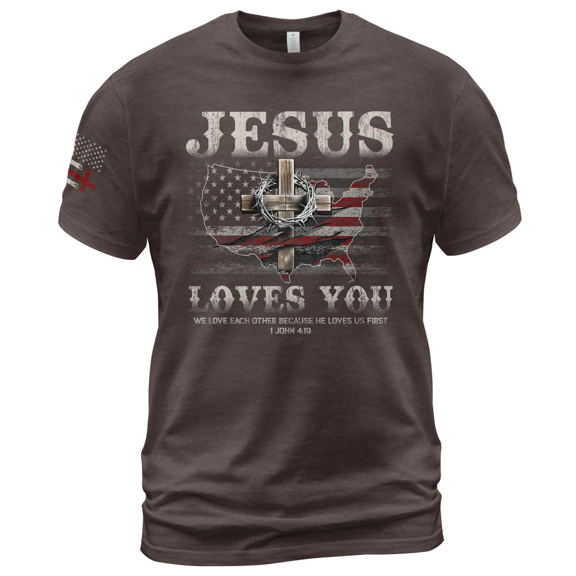 Faith Based Christian Tee Shirts, Jesus Loves You American Flag Cross - Christian Shirts for Men - Rust Field Wear
