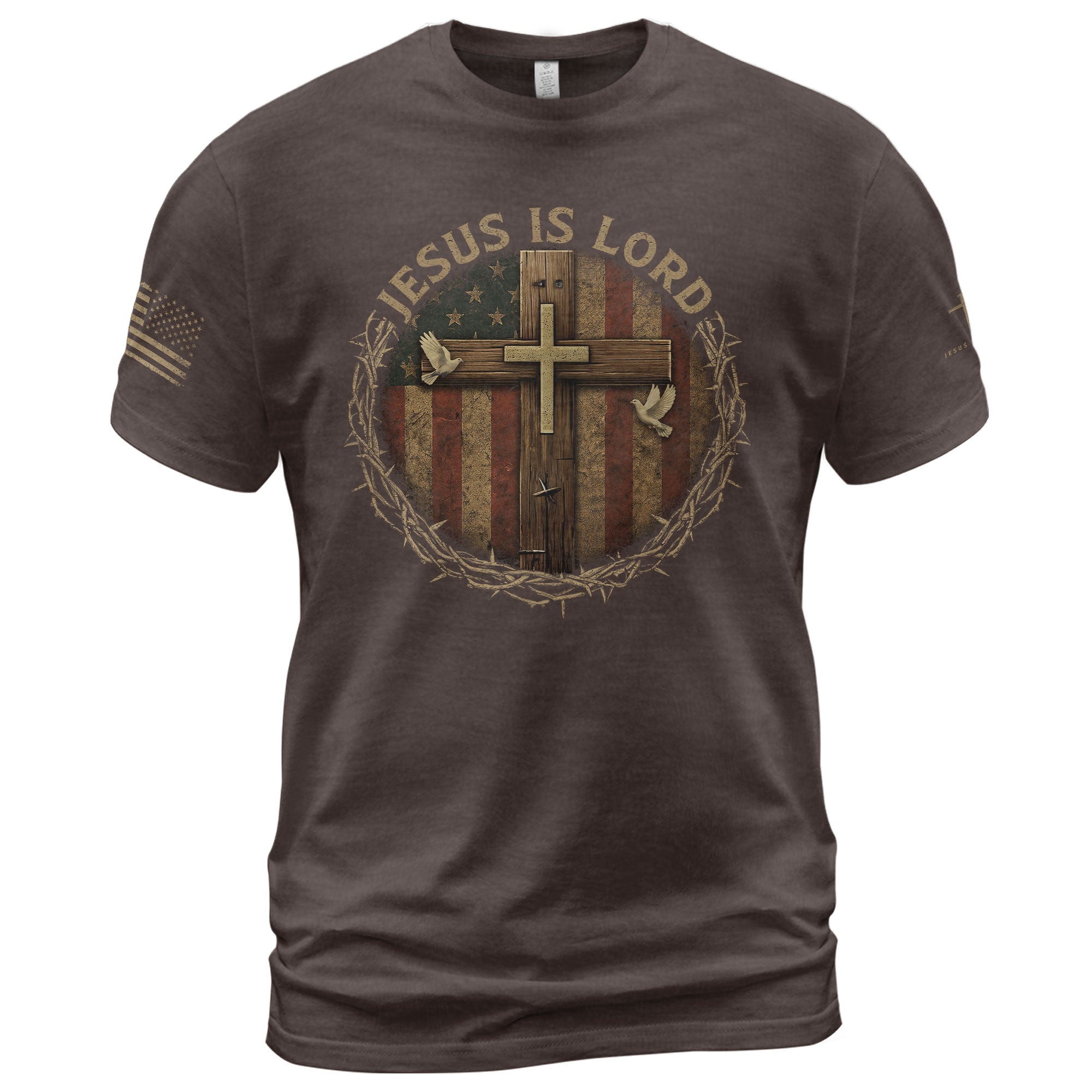 Christian Tee Shirts, Jesus Is Lord Cross and American Flag Shield - Christian Shirts for Men - Rust Field Wear