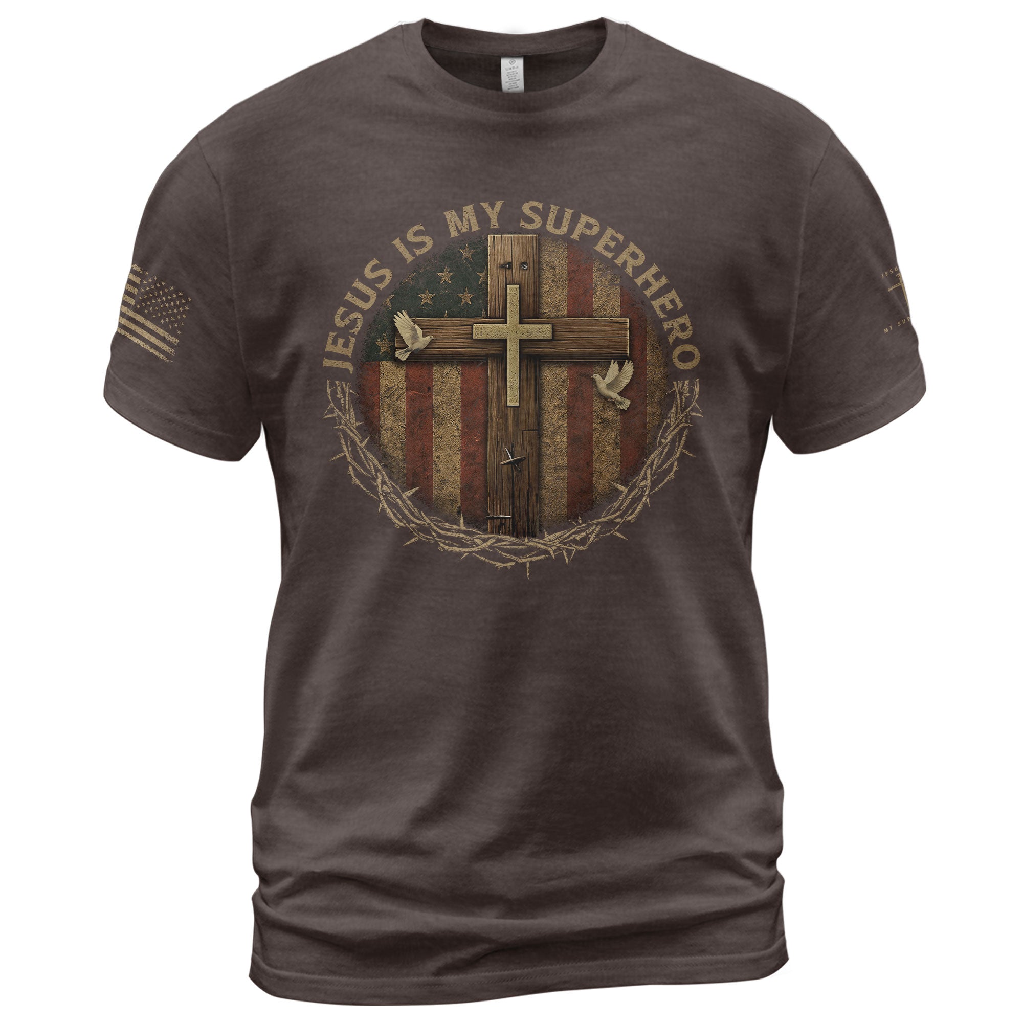 Jesus Is My Superhero Patriotic Cross, Christian Tee Shirts - Faith Shirts for Men - Rust Field Wear