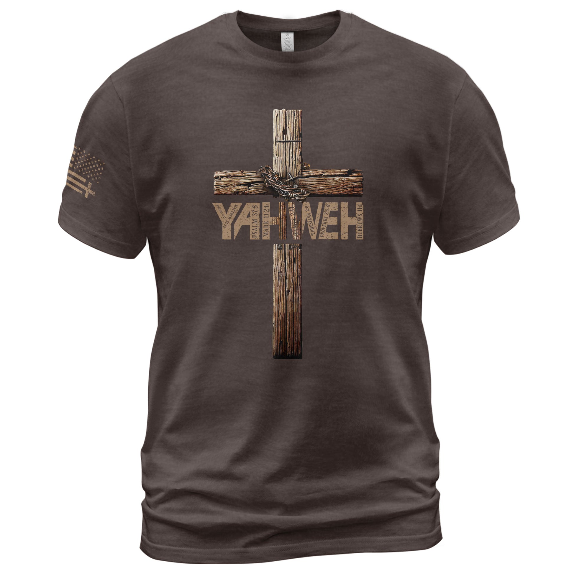 Christian Shirts for Men - Yahweh Cross with Bible Verse Wooden Design, Christian Tee Shirts - Rust Field Wear